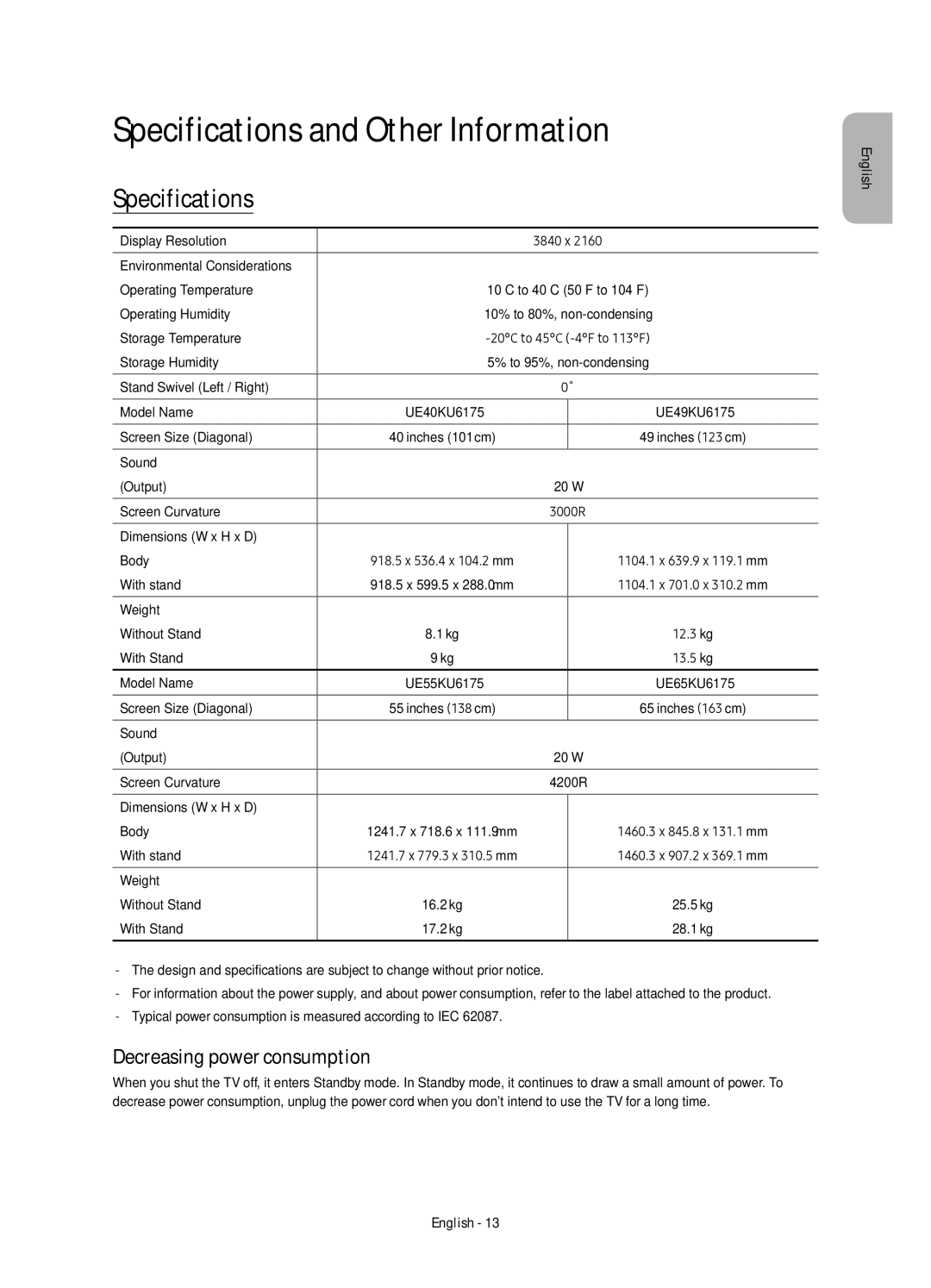 Samsung UE55KU6175UXXE, UE65KU6175UXXE, UE49KU6175UXXE Specifications and Other Information, Decreasing power consumption 