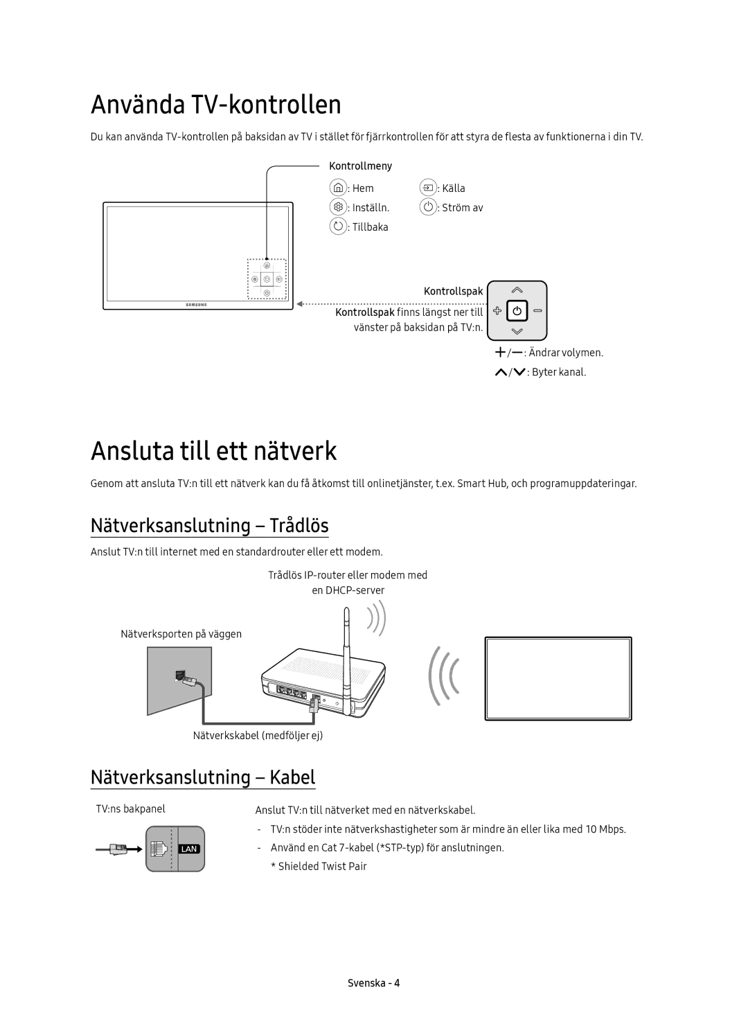 Samsung UE49KU6175UXXE manual Använda TV-kontrollen, Ansluta till ett nätverk, Nätverksanslutning Trådlös, Kontrollmeny 