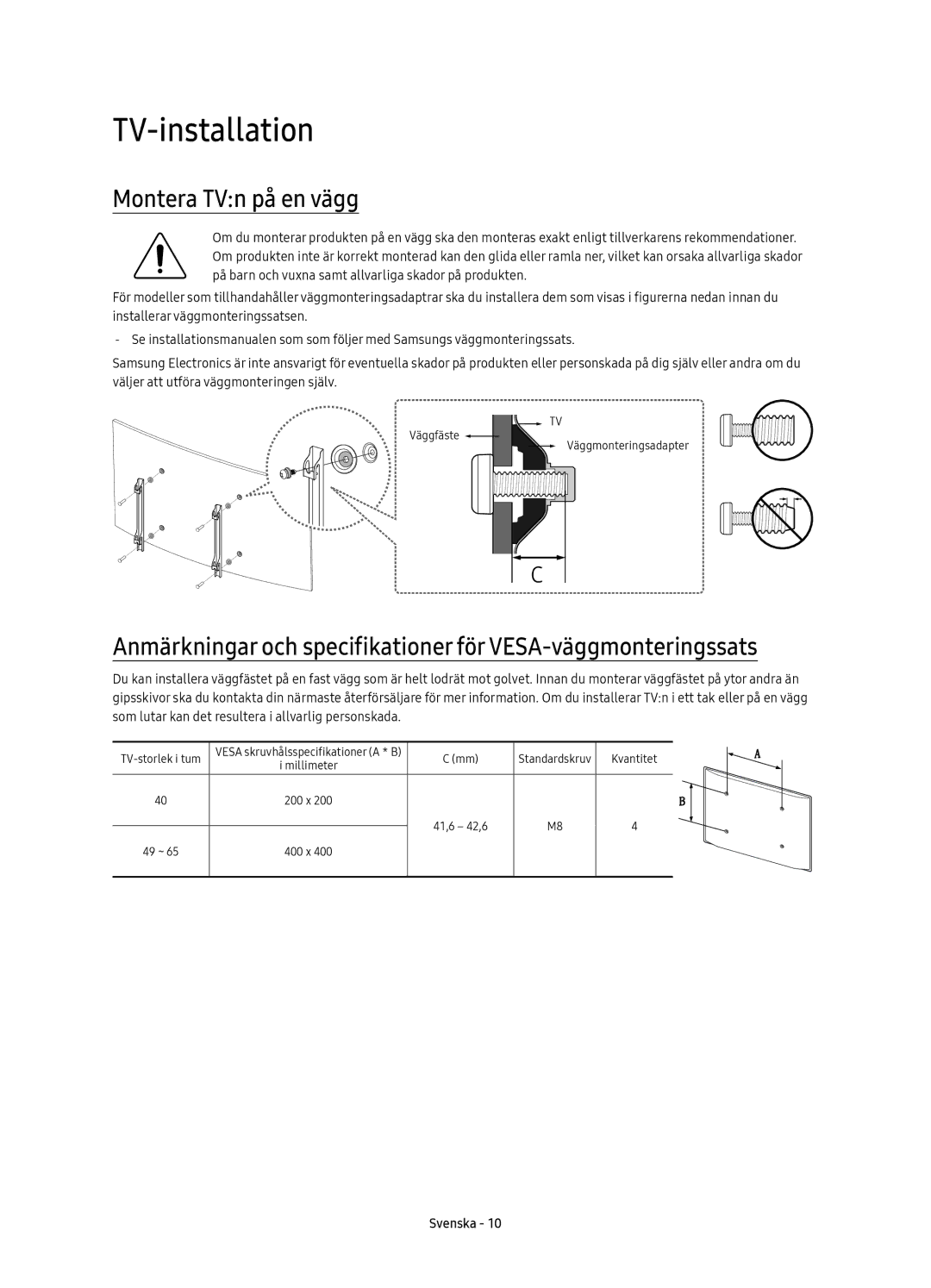 Samsung UE65KU6175UXXE, UE55KU6175UXXE, UE49KU6175UXXE, UE40KU6175UXXE manual TV-installation, Montera TVn på en vägg 