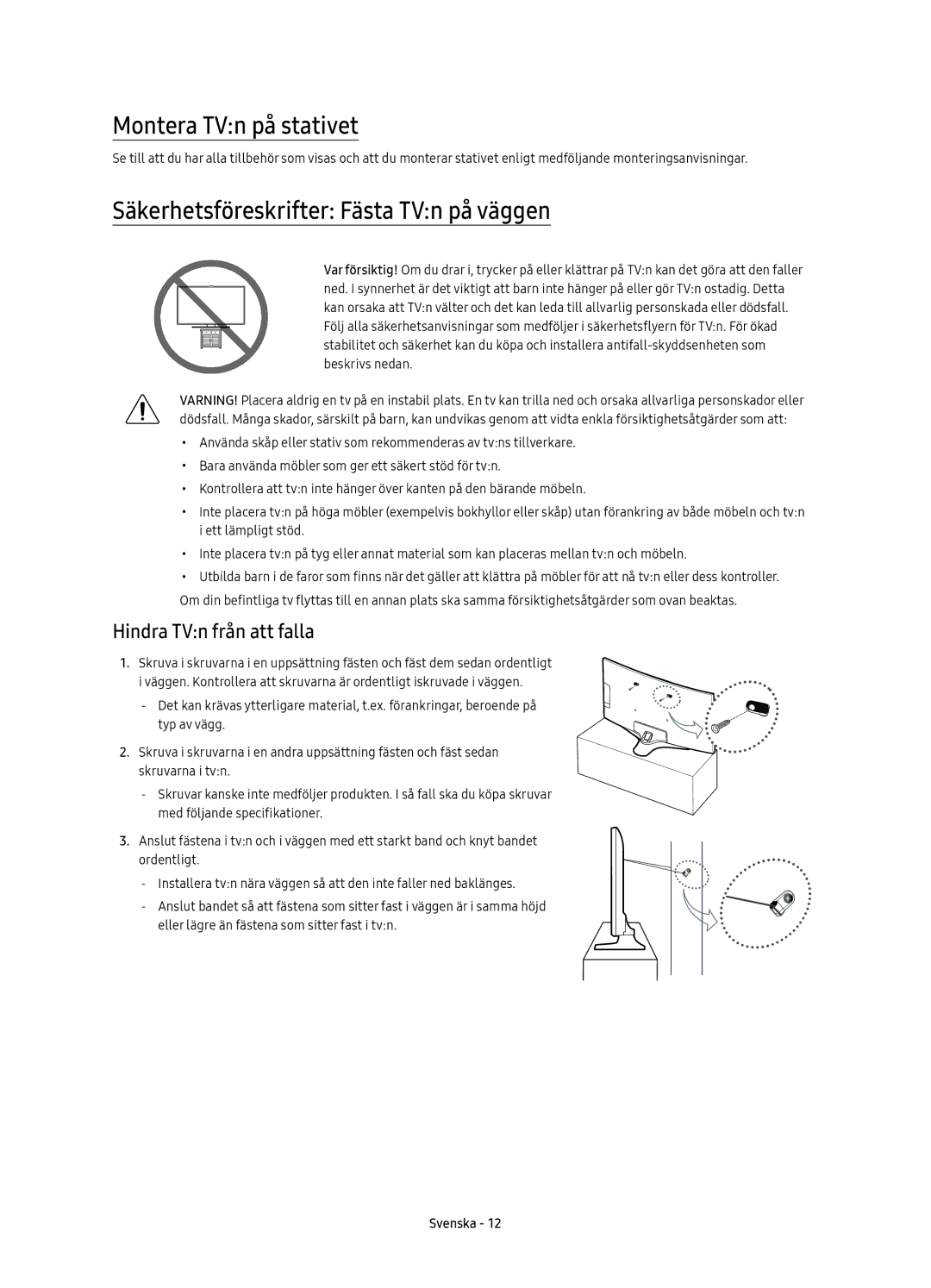 Samsung UE49KU6175UXXE manual Montera TVn på stativet, Säkerhetsföreskrifter Fästa TVn på väggen, Hindra TVn från att falla 