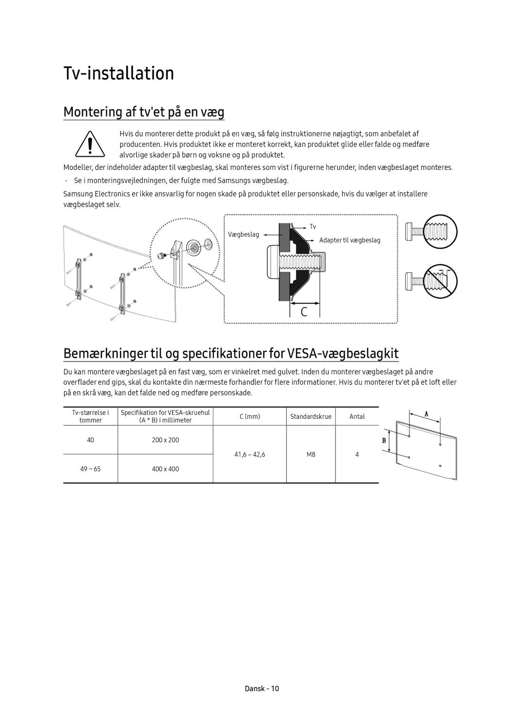 Samsung UE49KU6175UXXE manual Montering af tvet på en væg, Bemærkninger til og specifikationer for VESA-vægbeslagkit 