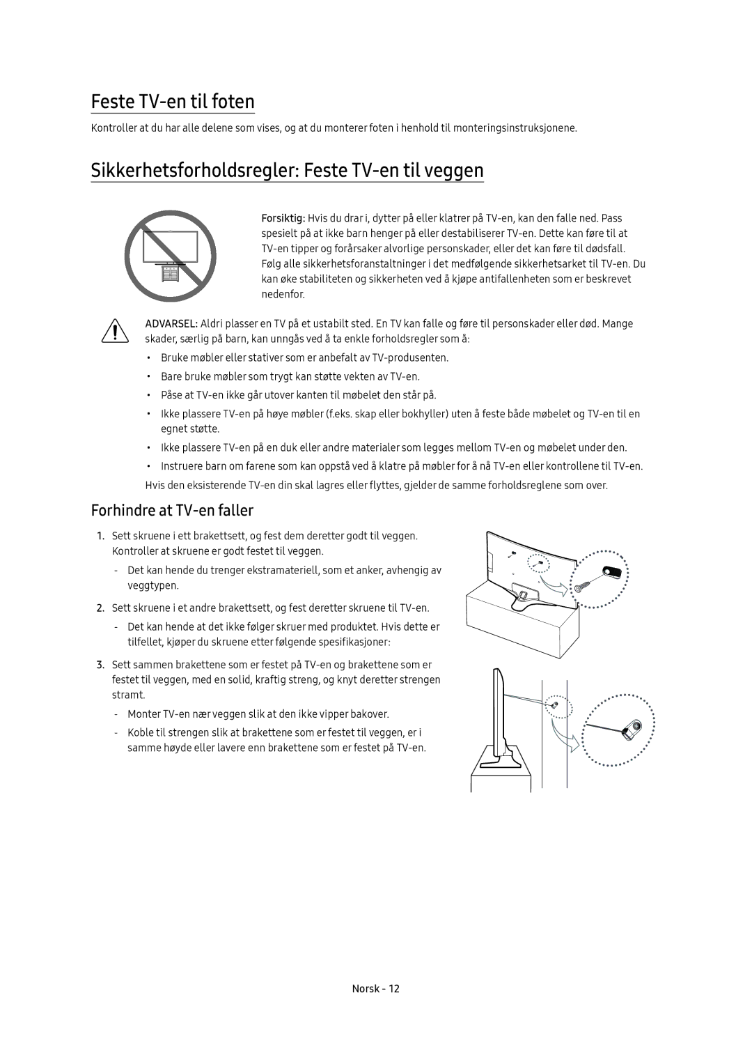 Samsung UE49KU6175UXXE Feste TV-en til foten, Sikkerhetsforholdsregler Feste TV-en til veggen, Forhindre at TV-en faller 