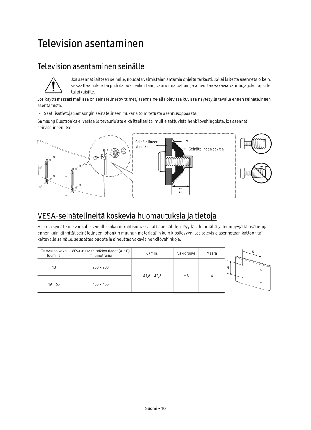 Samsung UE49KU6175UXXE manual Television asentaminen seinälle, VESA-seinätelineitä koskevia huomautuksia ja tietoja 