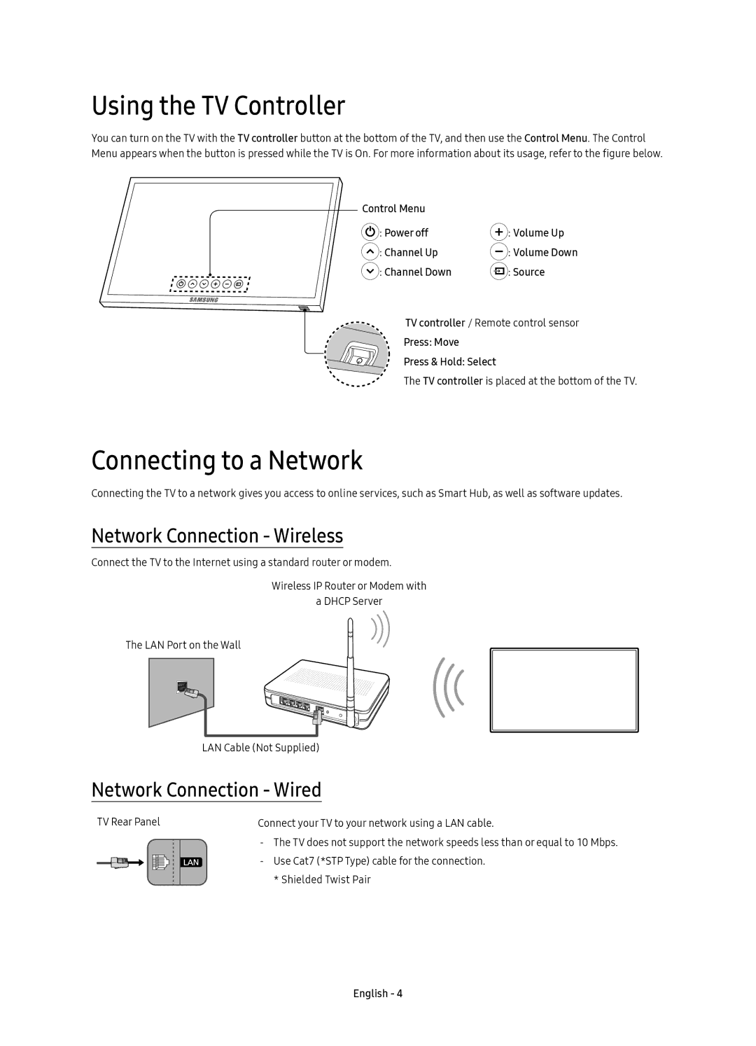 Samsung UE65KU6400UXRU manual Using the TV Controller, Connecting to a Network, Network Connection Wireless 