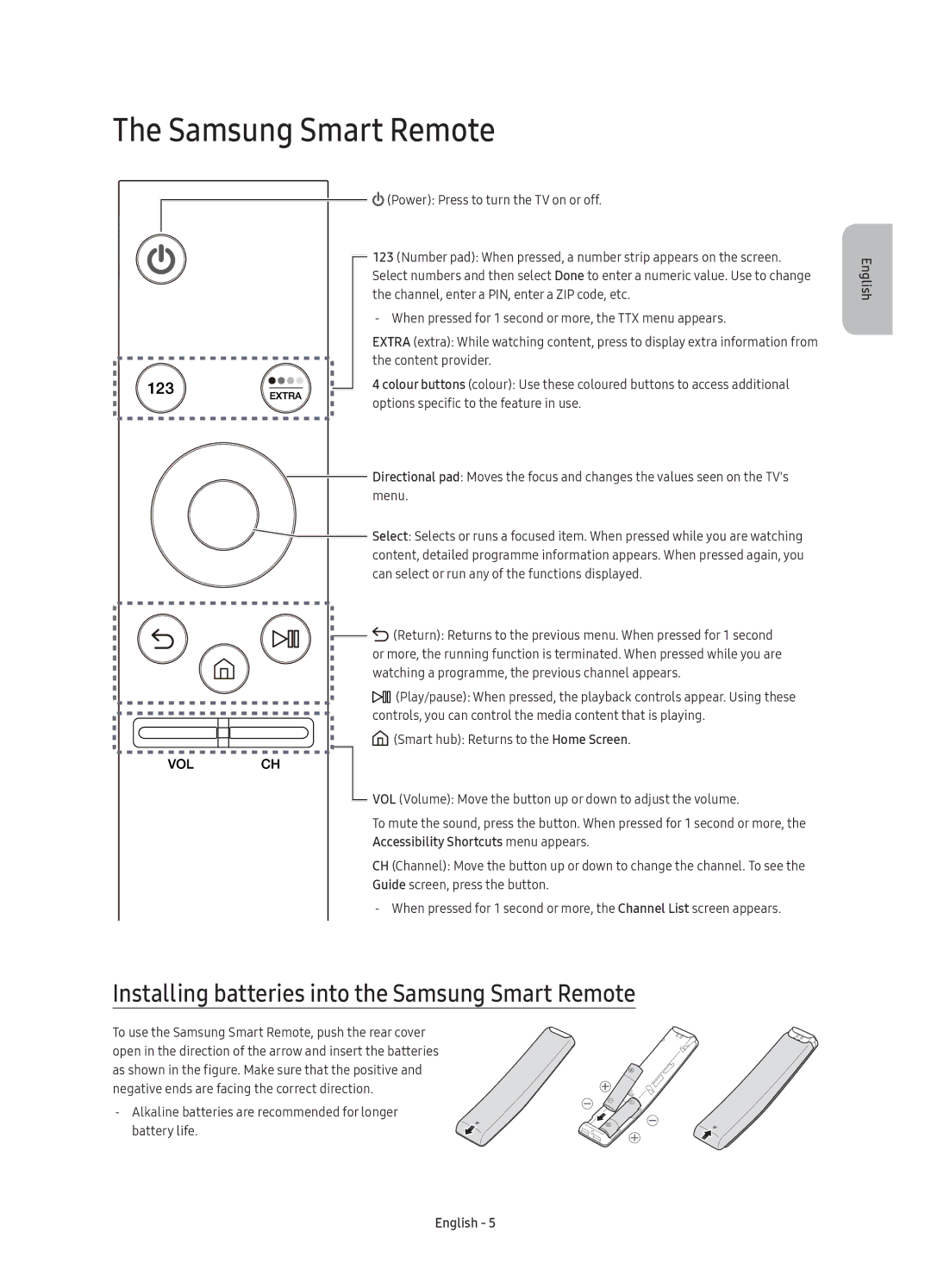 Samsung UE65KU6400UXRU manual Installing batteries into the Samsung Smart Remote 