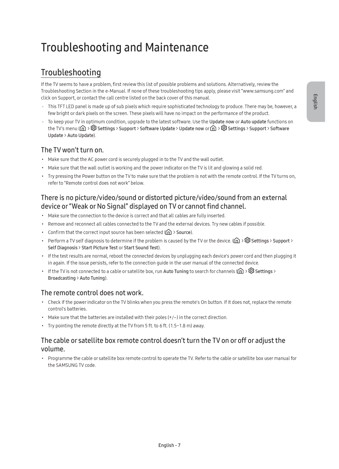 Samsung UE65KU6400UXRU manual Troubleshooting and Maintenance, TV won’t turn on, Remote control does not work 