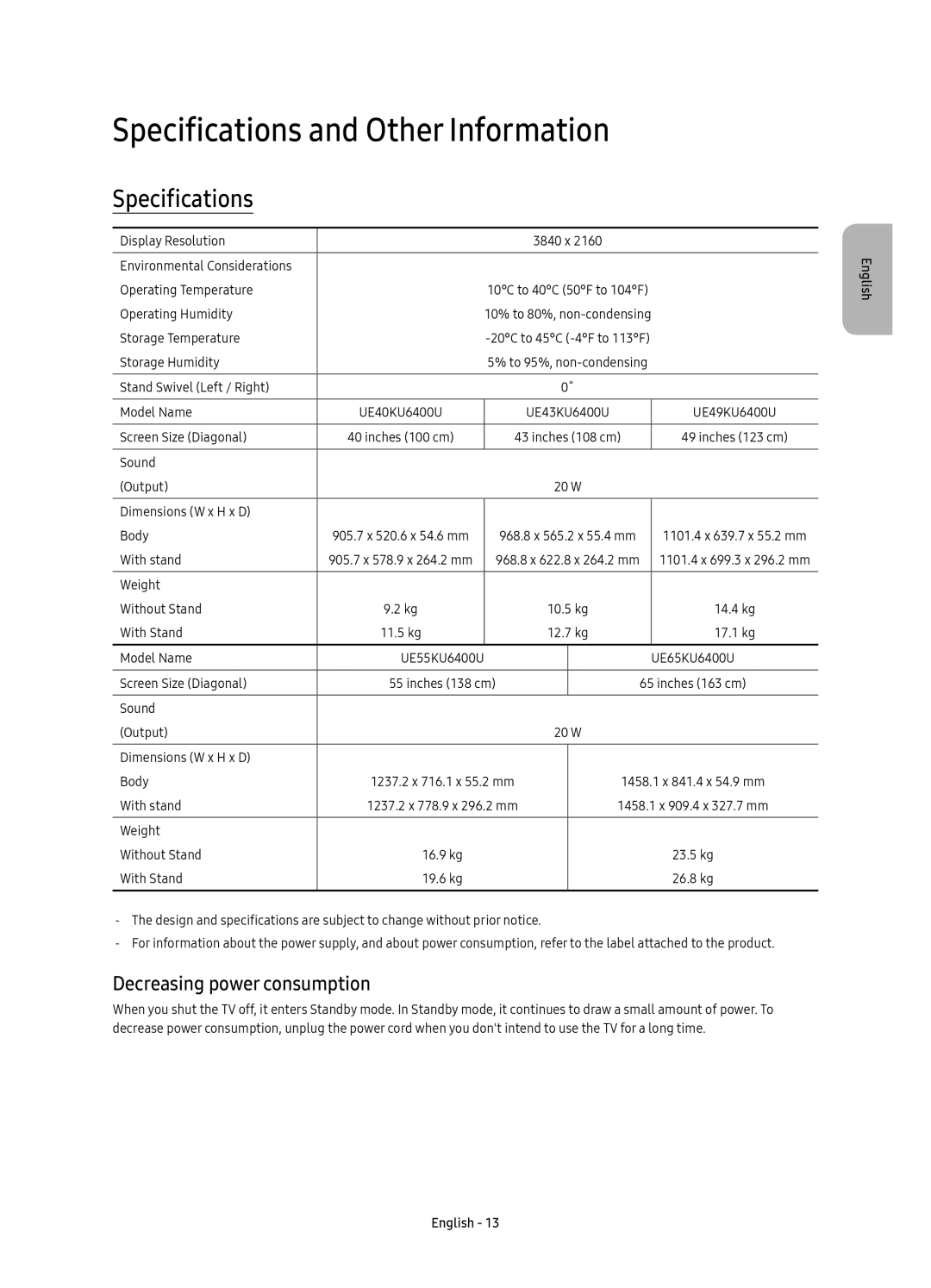 Samsung UE65KU6400UXRU manual Specifications and Other Information, Decreasing power consumption 