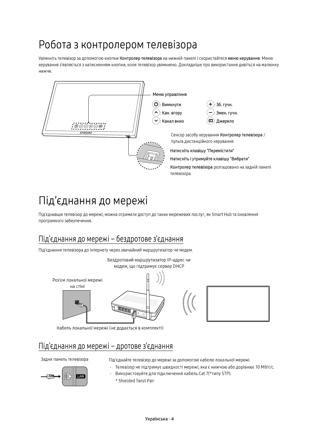 Samsung UE65KU6400UXRU manual Робота з контролером телевізора, Під’єднання до мережі бездротове з’єднання 