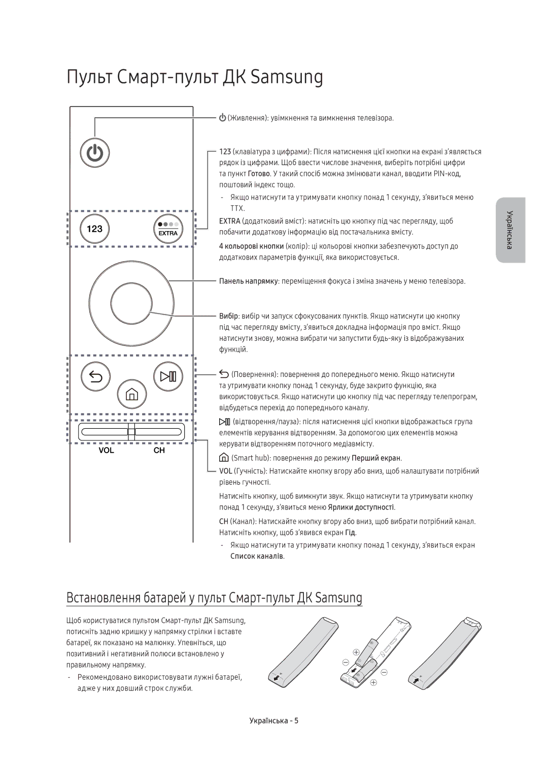 Samsung UE65KU6400UXRU manual Пульт Смарт-пульт ДК Samsung, Встановлення батарей у пульт Смарт-пульт ДК Samsung 