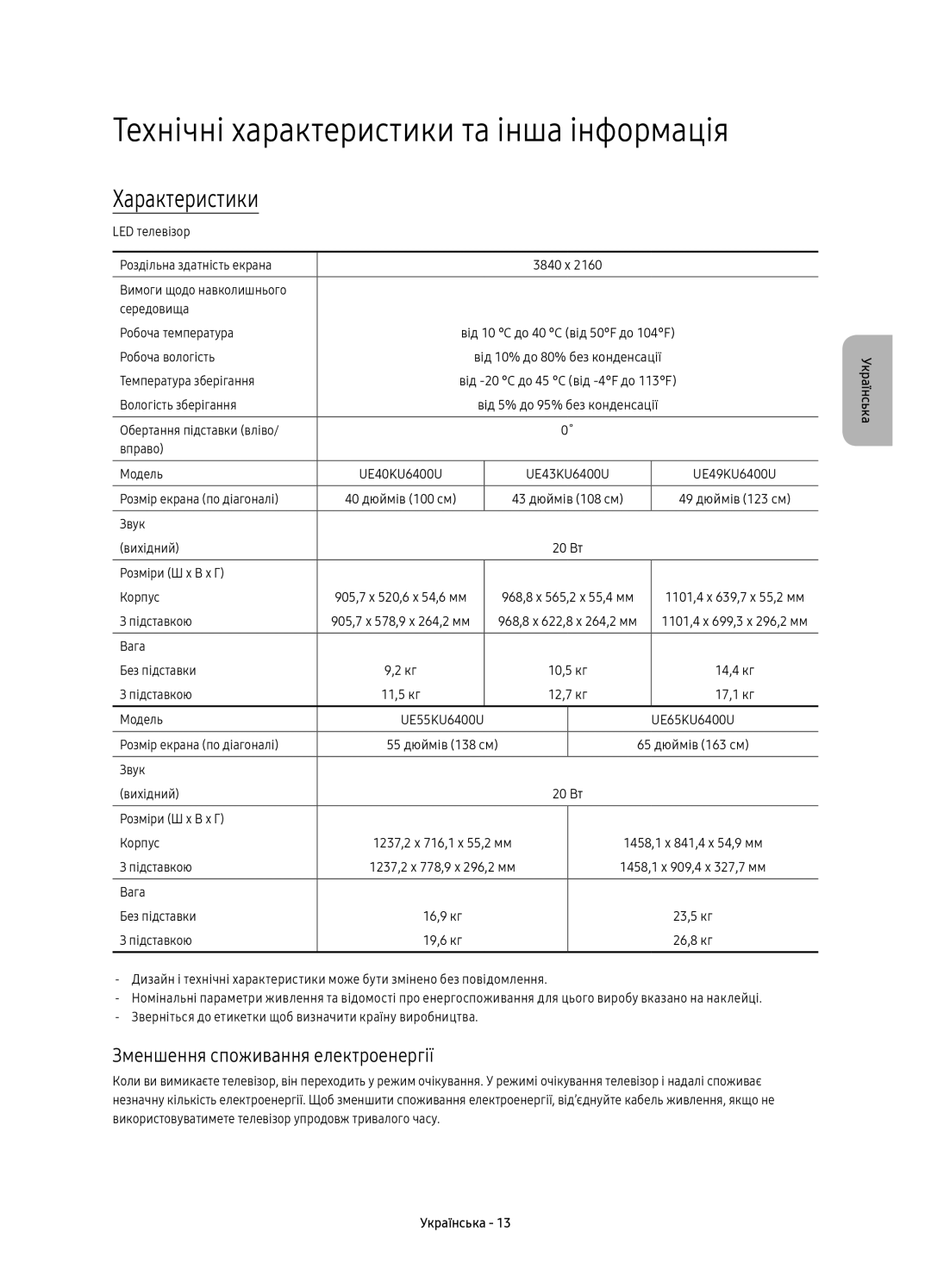 Samsung UE65KU6400UXRU Технічні характеристики та інша інформація, Характеристики, Зменшення споживання електроенергії 