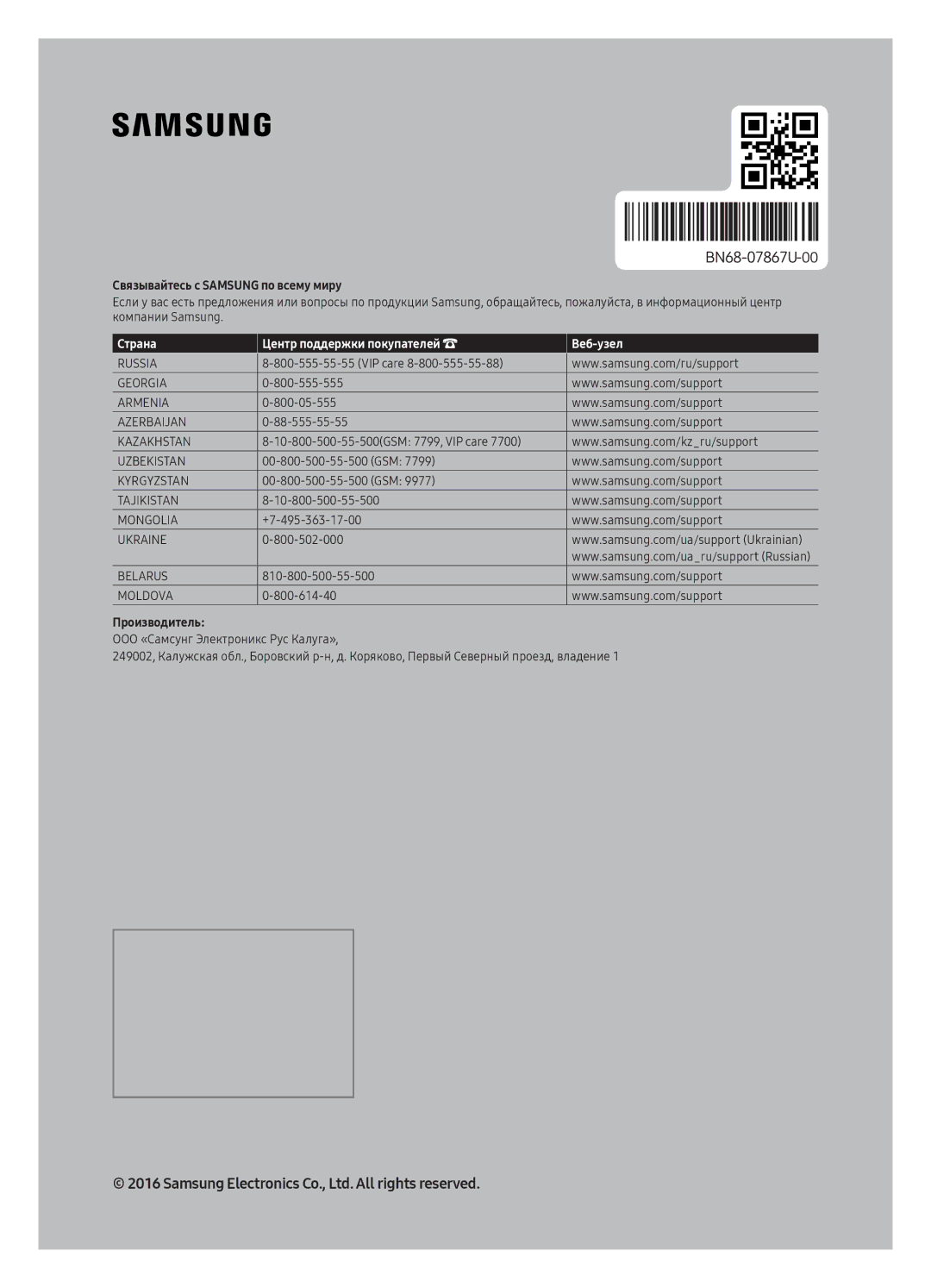 Samsung UE65KU6400UXRU manual Страна Центр поддержки покупателей Веб-узел 