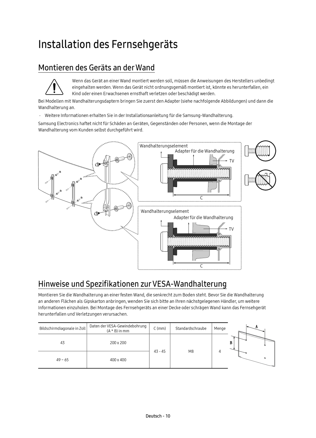 Samsung UE49KU6500UXZT, UE65KU6500UXZT, UE55KU6500UXZT Installation des Fernsehgeräts, Montieren des Geräts an der Wand 