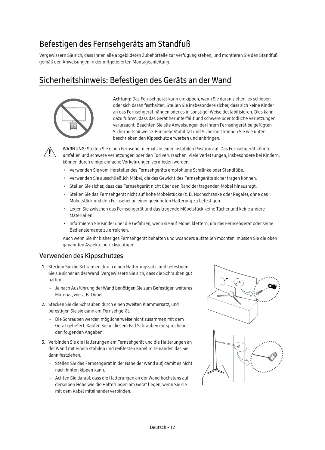 Samsung UE65KU6500UXZT Befestigen des Fernsehgeräts am Standfuß, Sicherheitshinweis Befestigen des Geräts an der Wand 