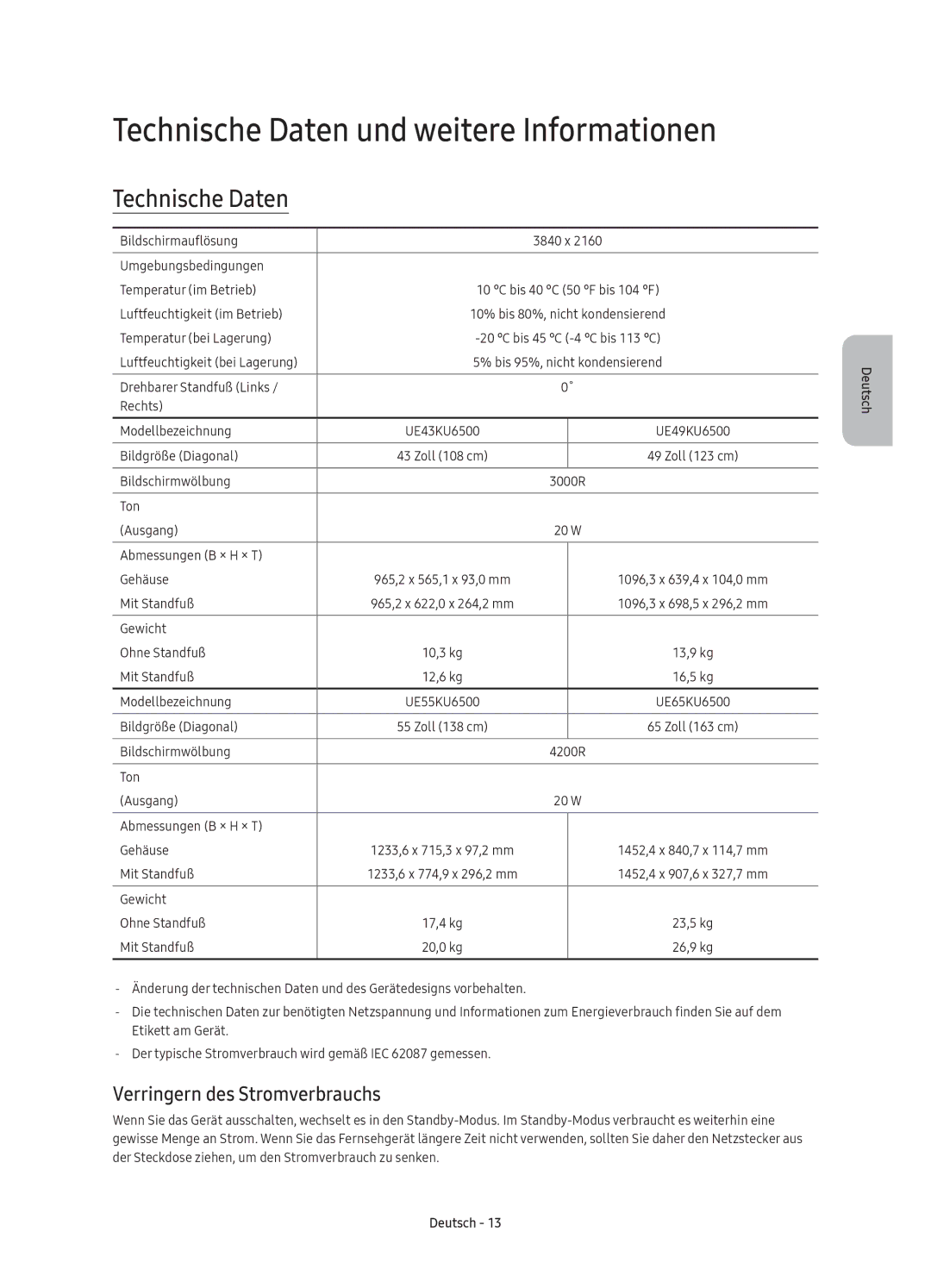 Samsung UE55KU6500UXZT, UE65KU6500UXZT manual Technische Daten und weitere Informationen, Verringern des Stromverbrauchs 