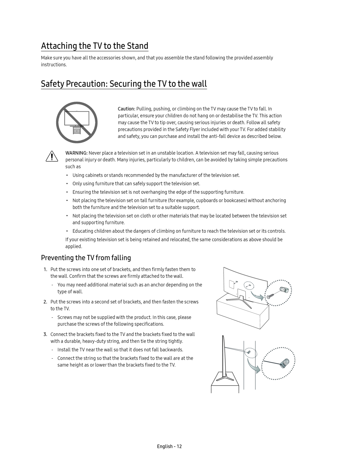Samsung UE65KU6500UXZT manual Attaching the TV to the Stand, Safety Precaution Securing the TV to the wall, English 