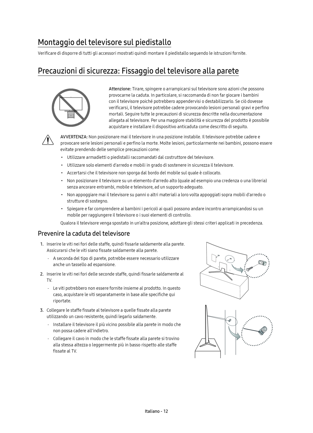 Samsung UE49KU6500UXZT manual Montaggio del televisore sul piedistallo, Prevenire la caduta del televisore, Italiano 