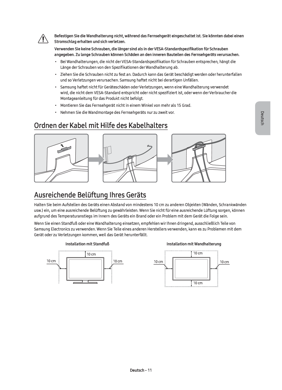 Samsung UE43KU6500UXZT manual Ordnen der Kabel mit Hilfe des Kabelhalters, Ausreichende Belüftung Ihres Geräts, Deutsch 