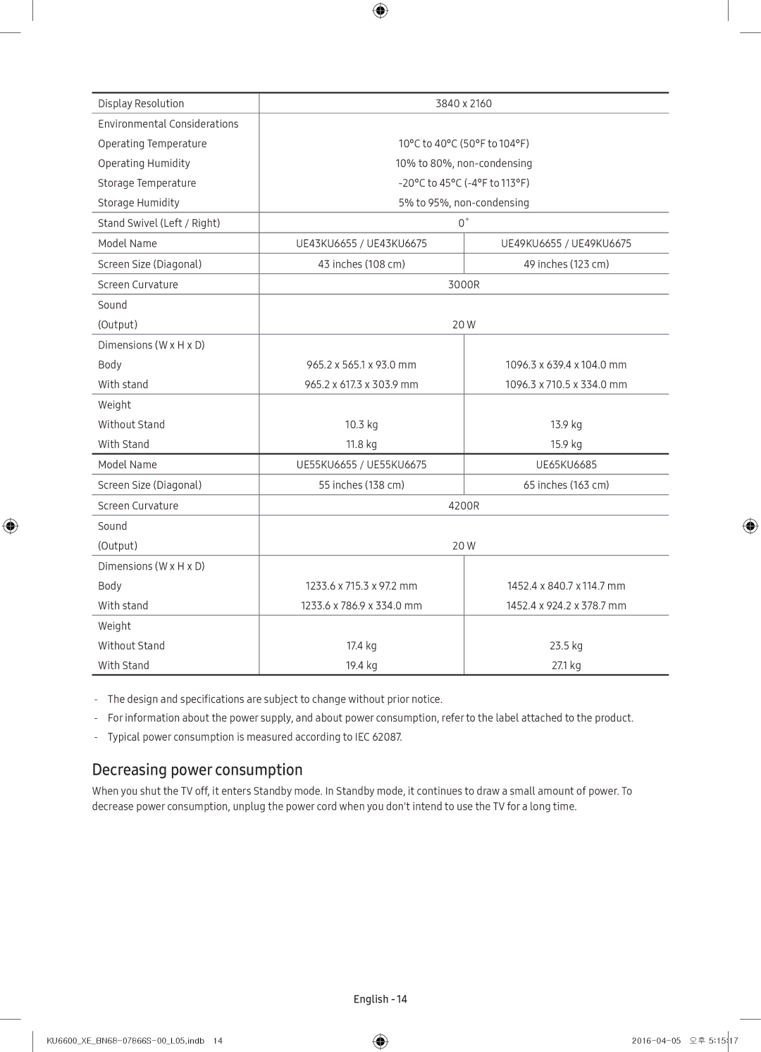 Samsung UE55KU6645UXXE, UE65KU6685UXXE, UE49KU6675UXXE, UE43KU6645UXXE, UE55KU6655UXXE manual Decreasing power consumption 