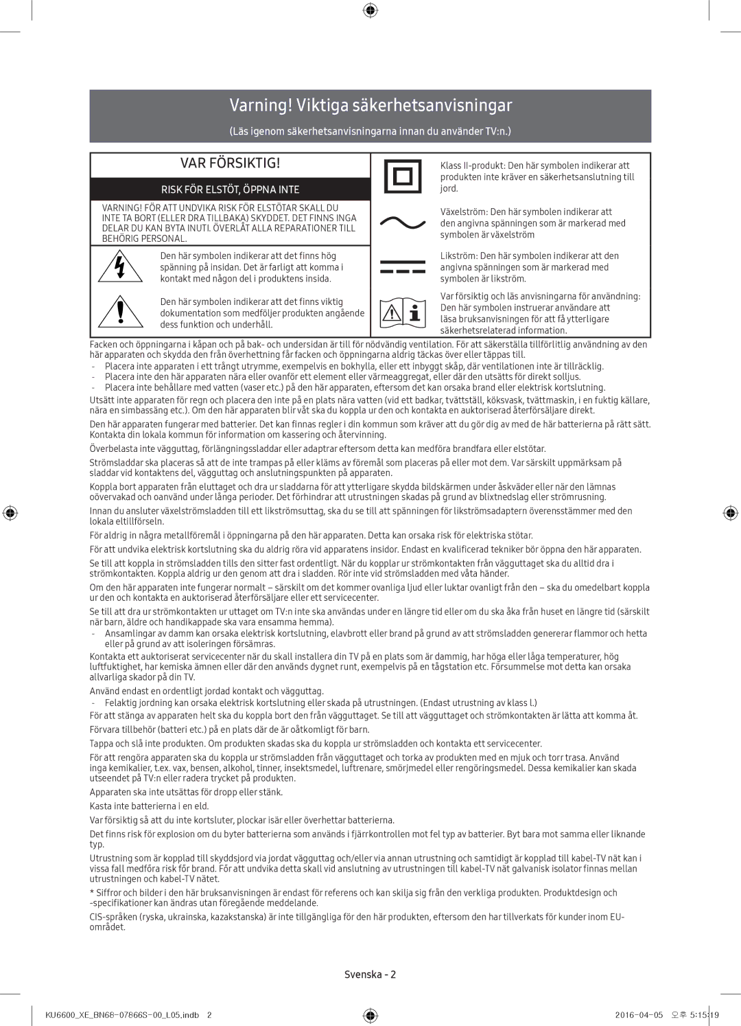 Samsung UE43KU6655UXXE, UE65KU6685UXXE, UE49KU6675UXXE, UE43KU6645UXXE manual Varning! Viktiga säkerhetsanvisningar, Svenska 