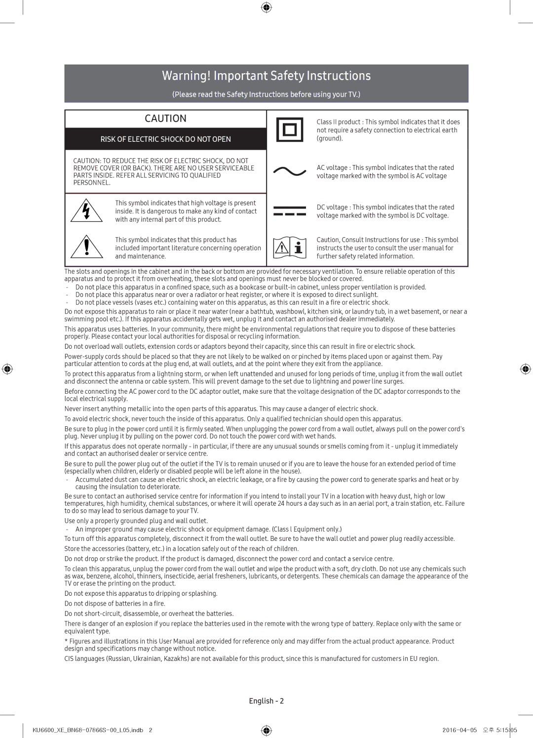 Samsung UE43KU6645UXXE, UE65KU6685UXXE, UE49KU6675UXXE Please read the Safety Instructions before using your TV, English 