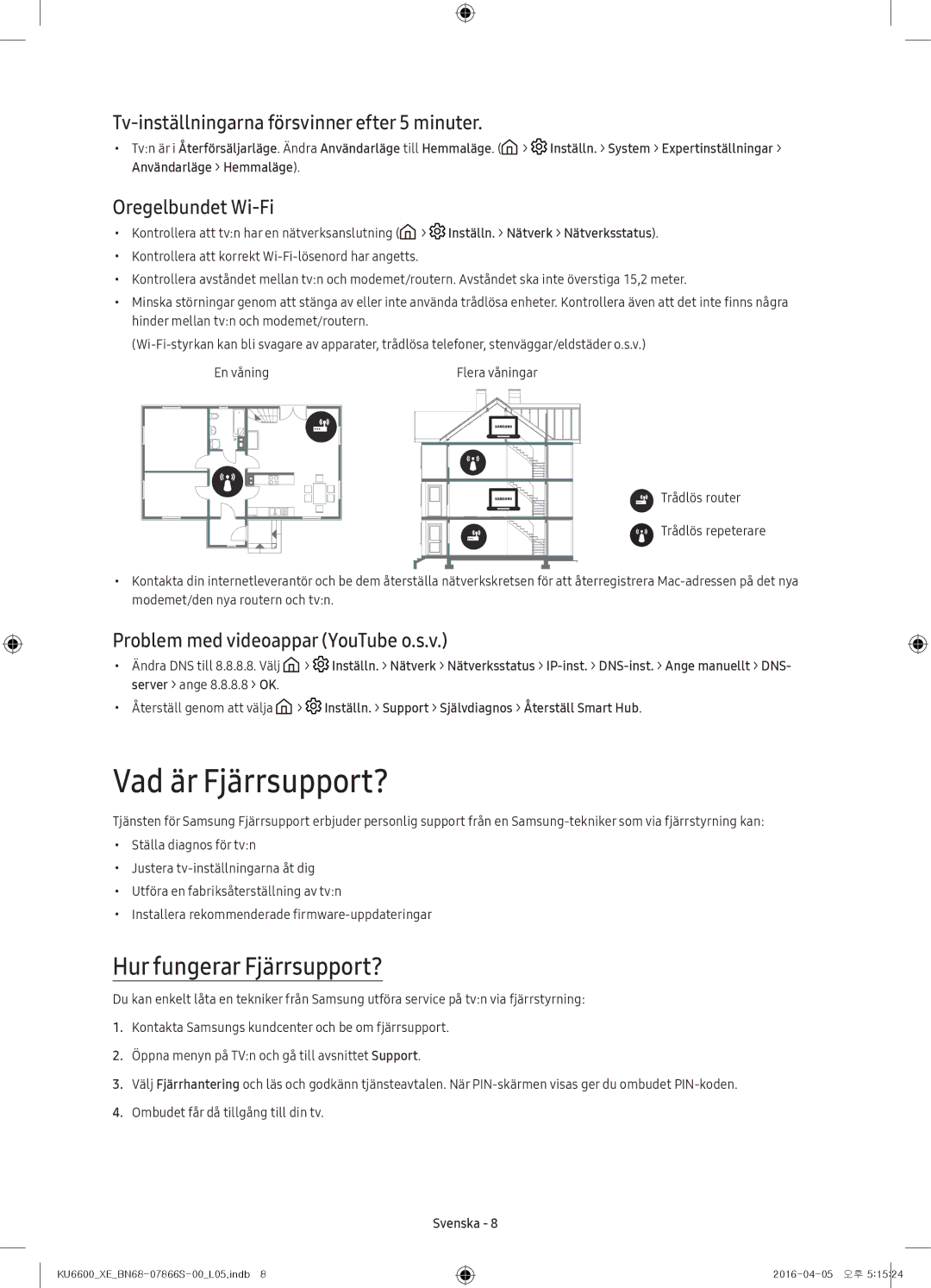 Samsung UE43KU6645UXXE Vad är Fjärrsupport?, Hur fungerar Fjärrsupport?, Tv-inställningarna försvinner efter 5 minuter 