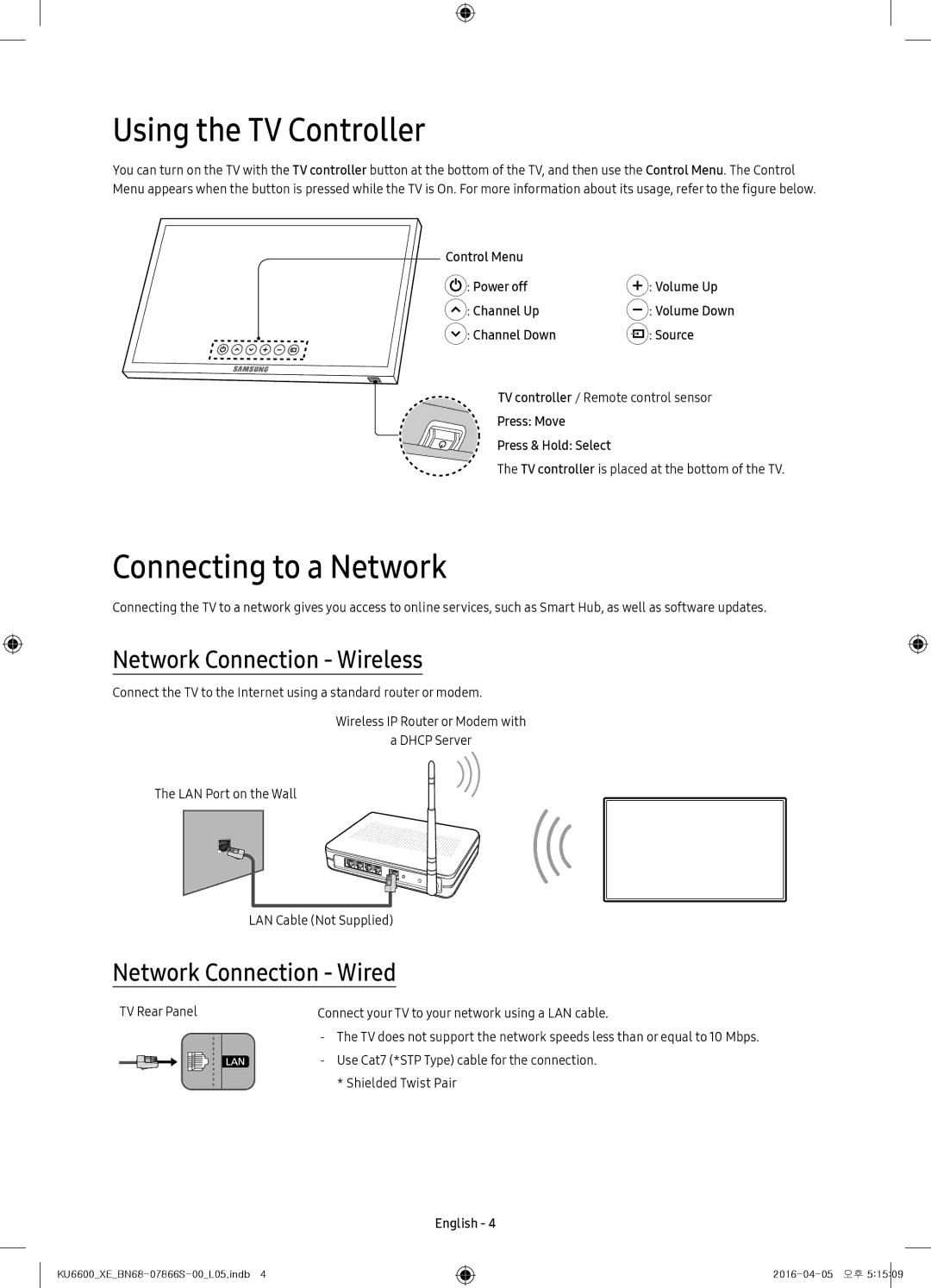 Samsung UE55KU6645UXXE, UE65KU6685UXXE manual Using the TV Controller, Connecting to a Network, Network Connection Wireless 