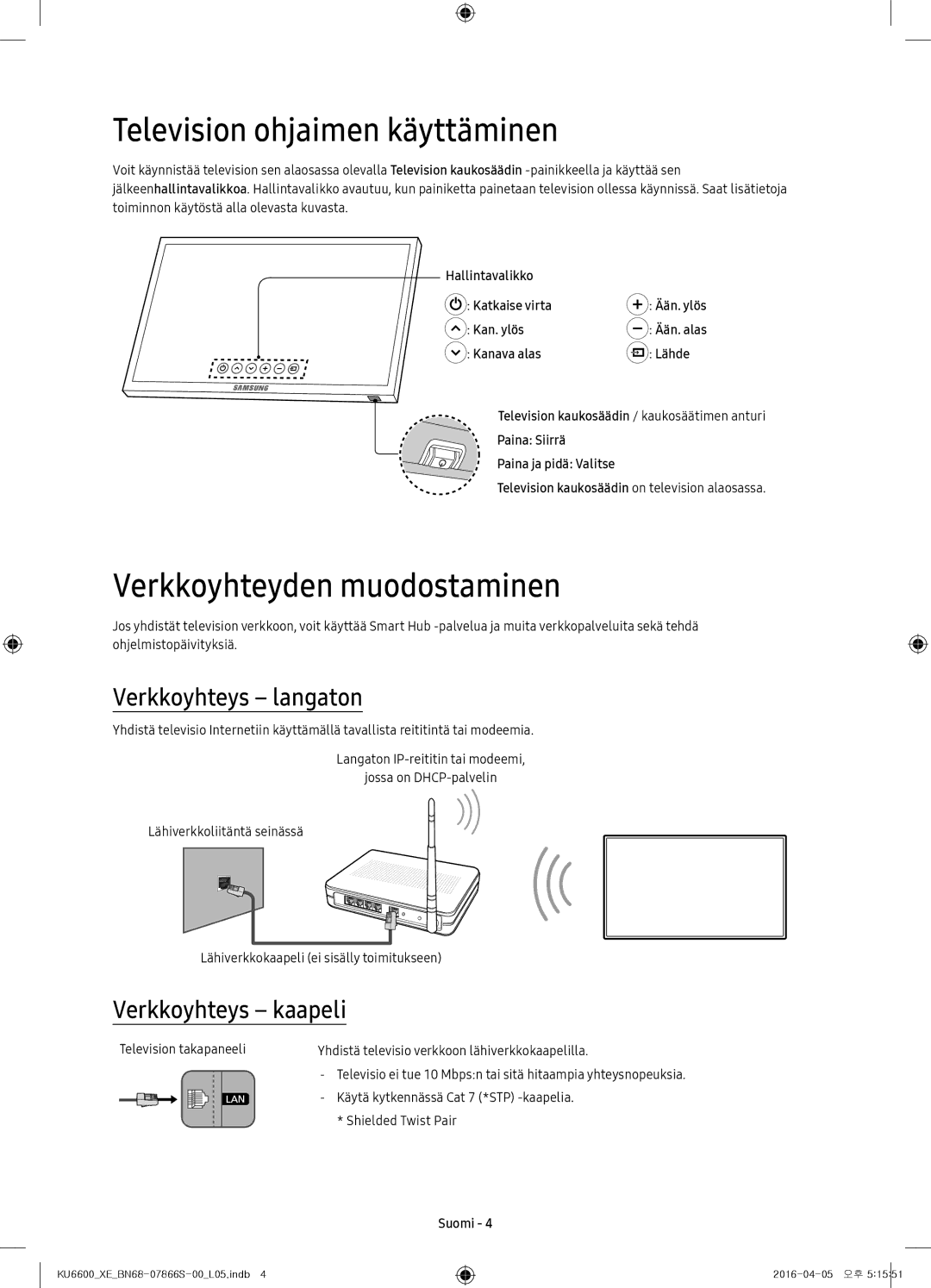 Samsung UE65KU6685UXXE manual Television ohjaimen käyttäminen, Verkkoyhteyden muodostaminen, Verkkoyhteys langaton 