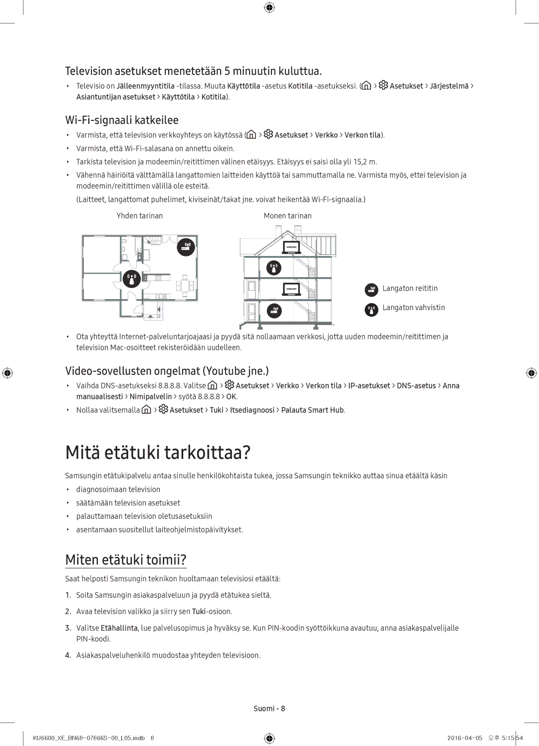 Samsung UE55KU6645UXXE, UE65KU6685UXXE manual Mitä etätuki tarkoittaa?, Miten etätuki toimii?, Wi-Fi-signaali katkeilee 