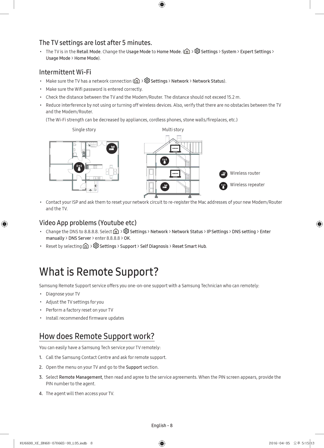 Samsung UE55KU6675UXXE manual What is Remote Support?, How does Remote Support work?, TV settings are lost after 5 minutes 