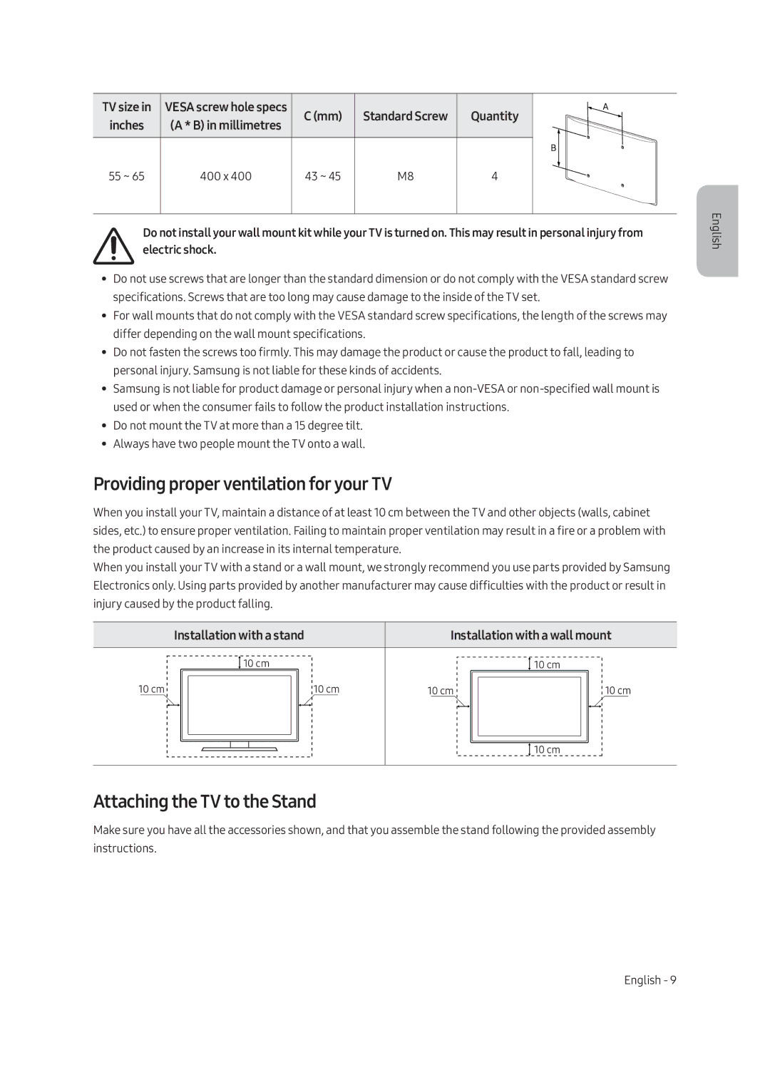 Samsung UE55LS003AUXRU, UE65LS003AUXRU manual Providing proper ventilation for your TV, Attaching the TV to the Stand 