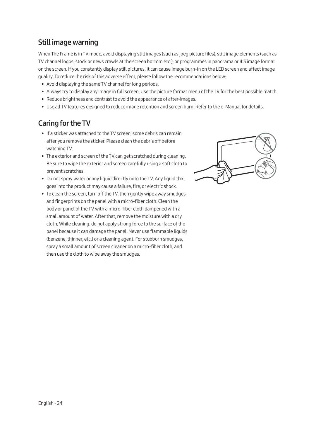 Samsung UE65LS003AUXRU, UE55LS003AUXRU manual Still image warning, Caring for the TV 