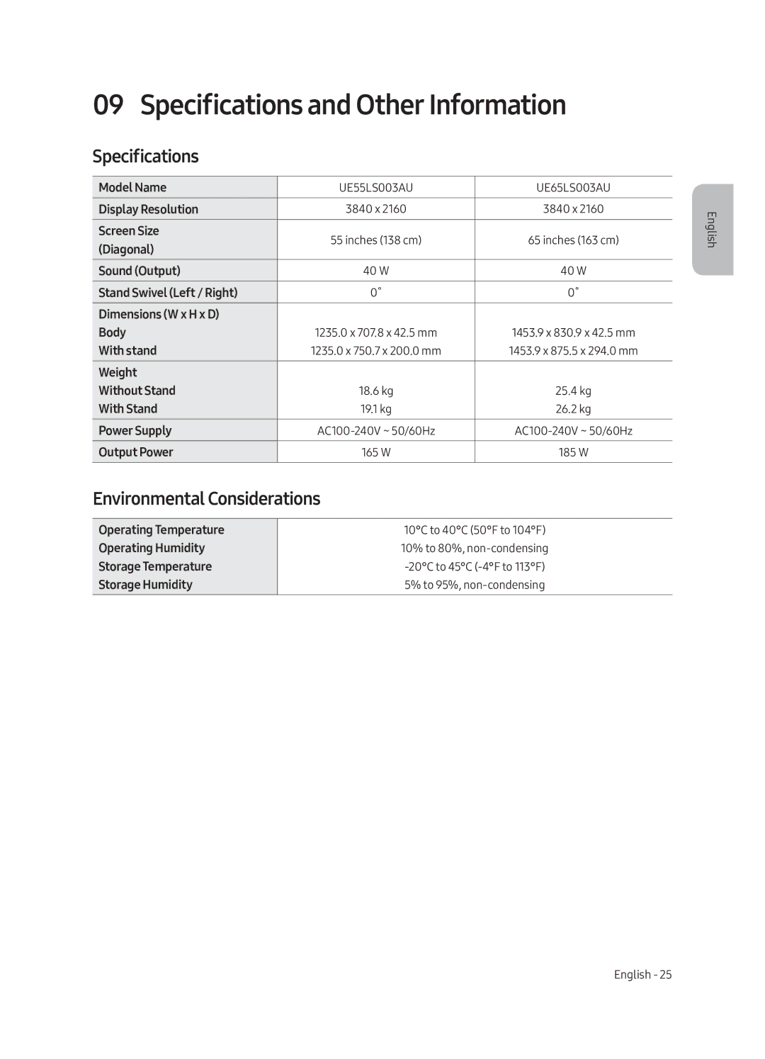 Samsung UE55LS003AUXRU, UE65LS003AUXRU manual Specifications and Other Information, Environmental Considerations 