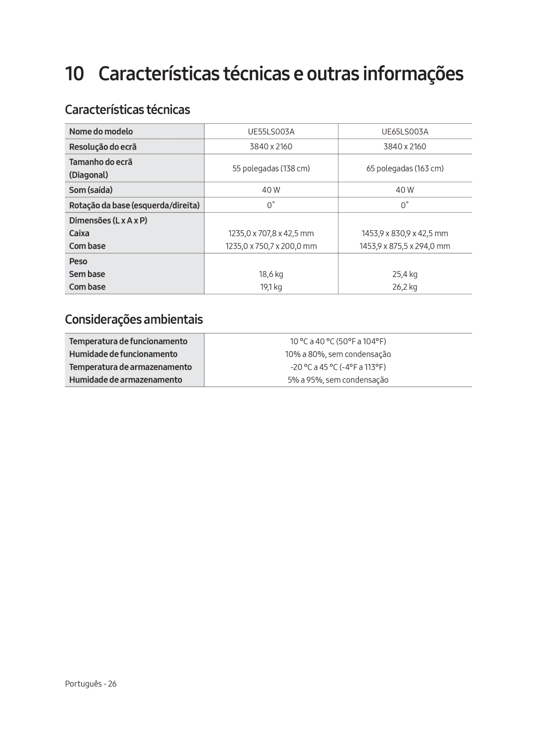 Samsung UE55LS003AUXXC, UE65LS003AUXZG, UE55LS003AUXZG, UE65LS003AUXXC Características técnicas, Considerações ambientais 