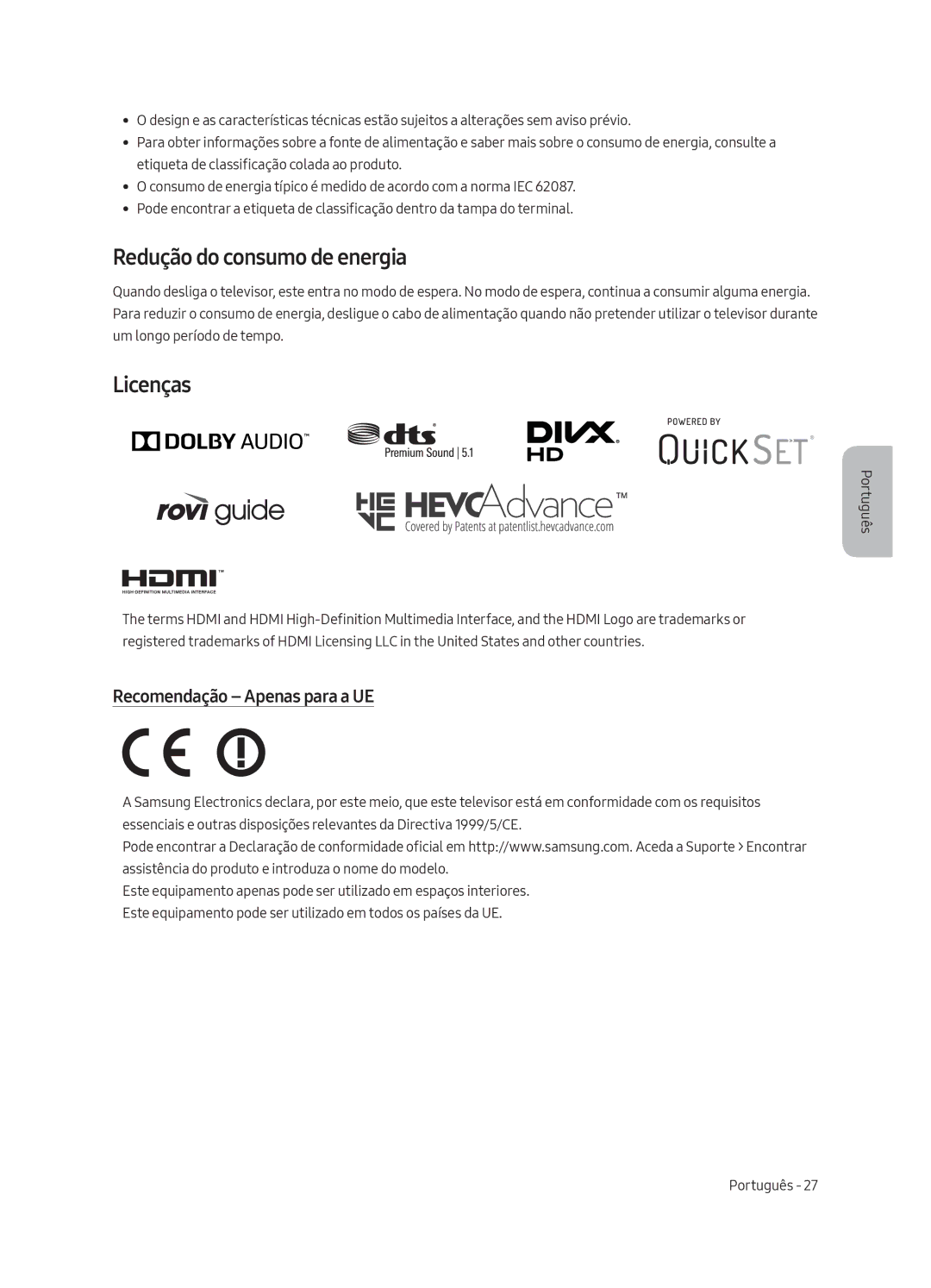 Samsung UE65LS003AUXXC, UE65LS003AUXZG manual Redução do consumo de energia, Licenças, Recomendação Apenas para a UE 