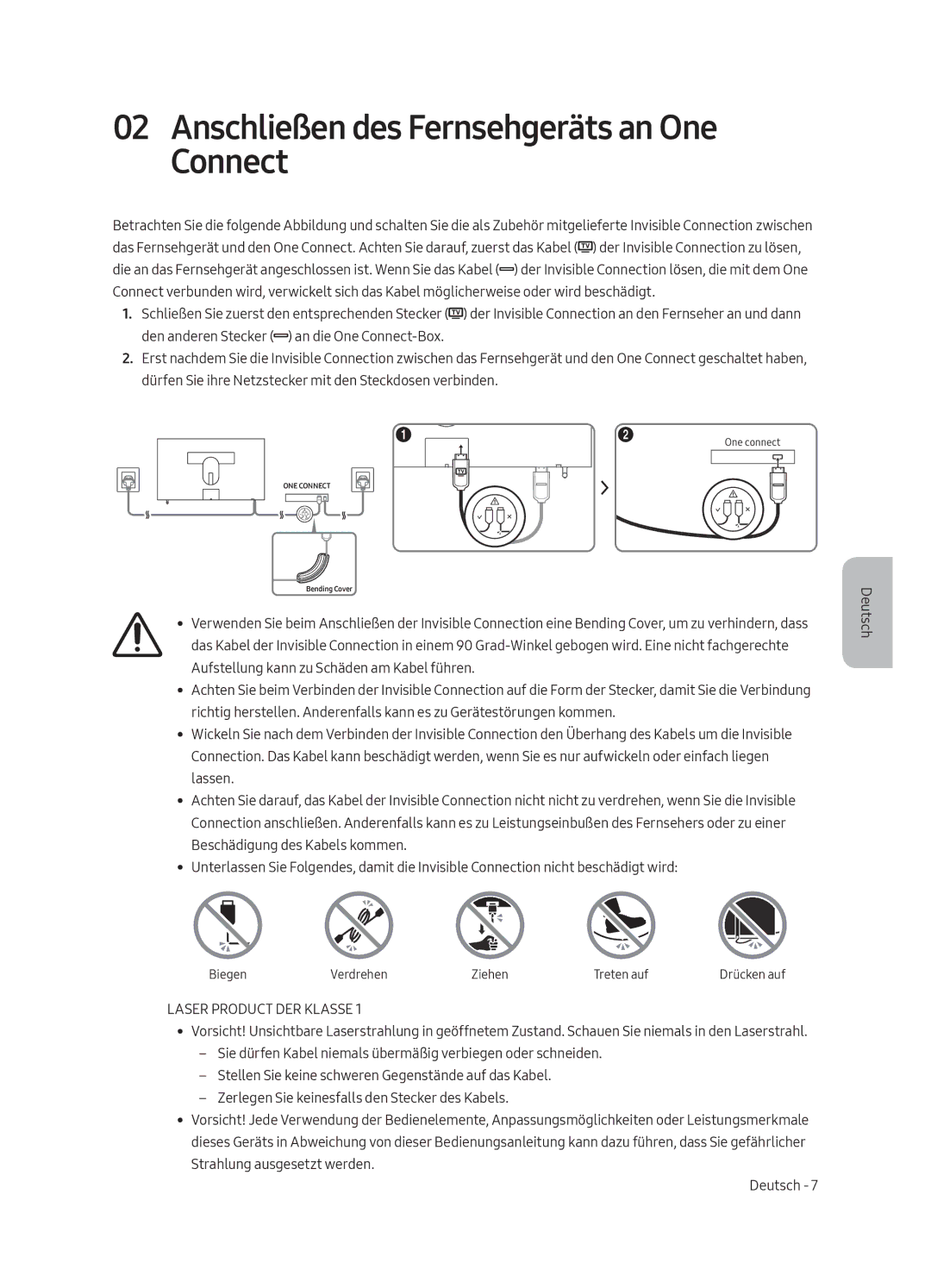 Samsung UE55LS003AUXXH, UE65LS003AUXZG manual Anschließen des Fernsehgeräts an One Connect, Laser Product DER Klasse 