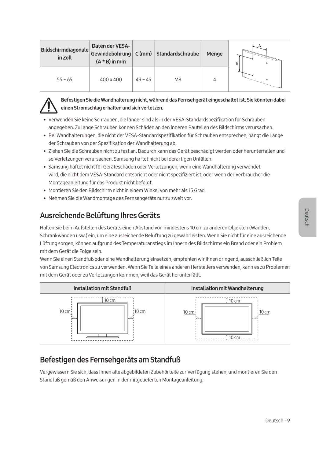 Samsung UE55LS003AUXZG, UE65LS003AUXZG manual Ausreichende Belüftung Ihres Geräts, Befestigen des Fernsehgeräts am Standfuß 