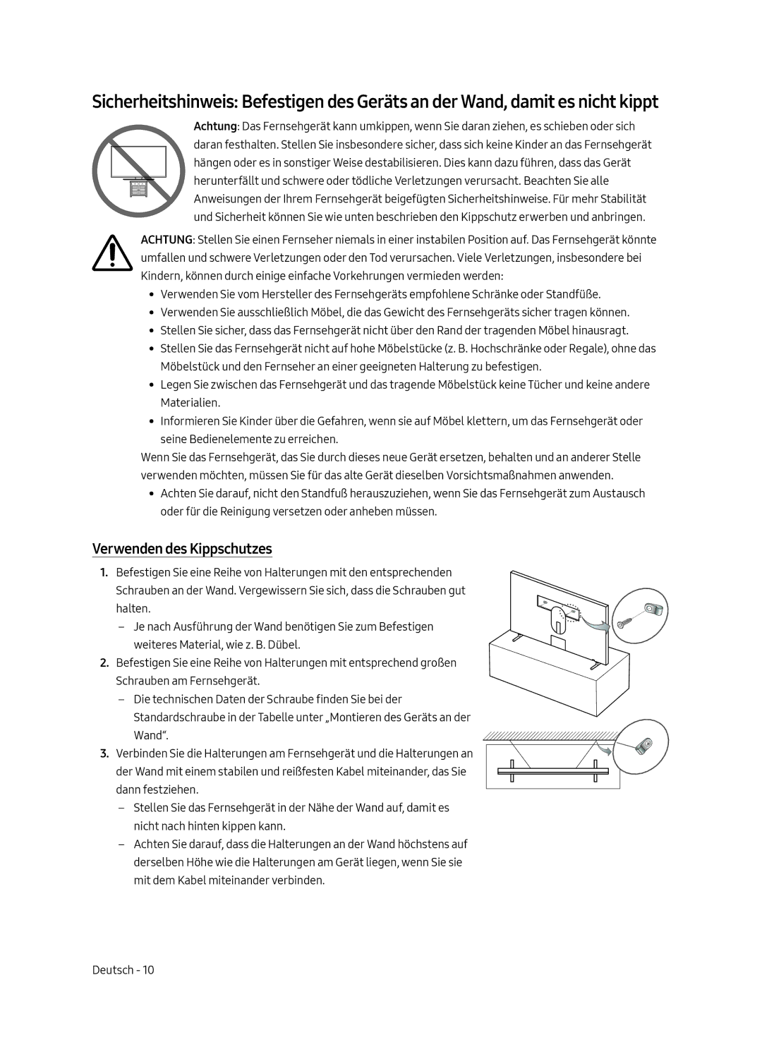 Samsung UE55LS003AUXXC, UE65LS003AUXZG, UE55LS003AUXZG, UE65LS003AUXXC, UE65LS003AUXZT manual Verwenden des Kippschutzes 