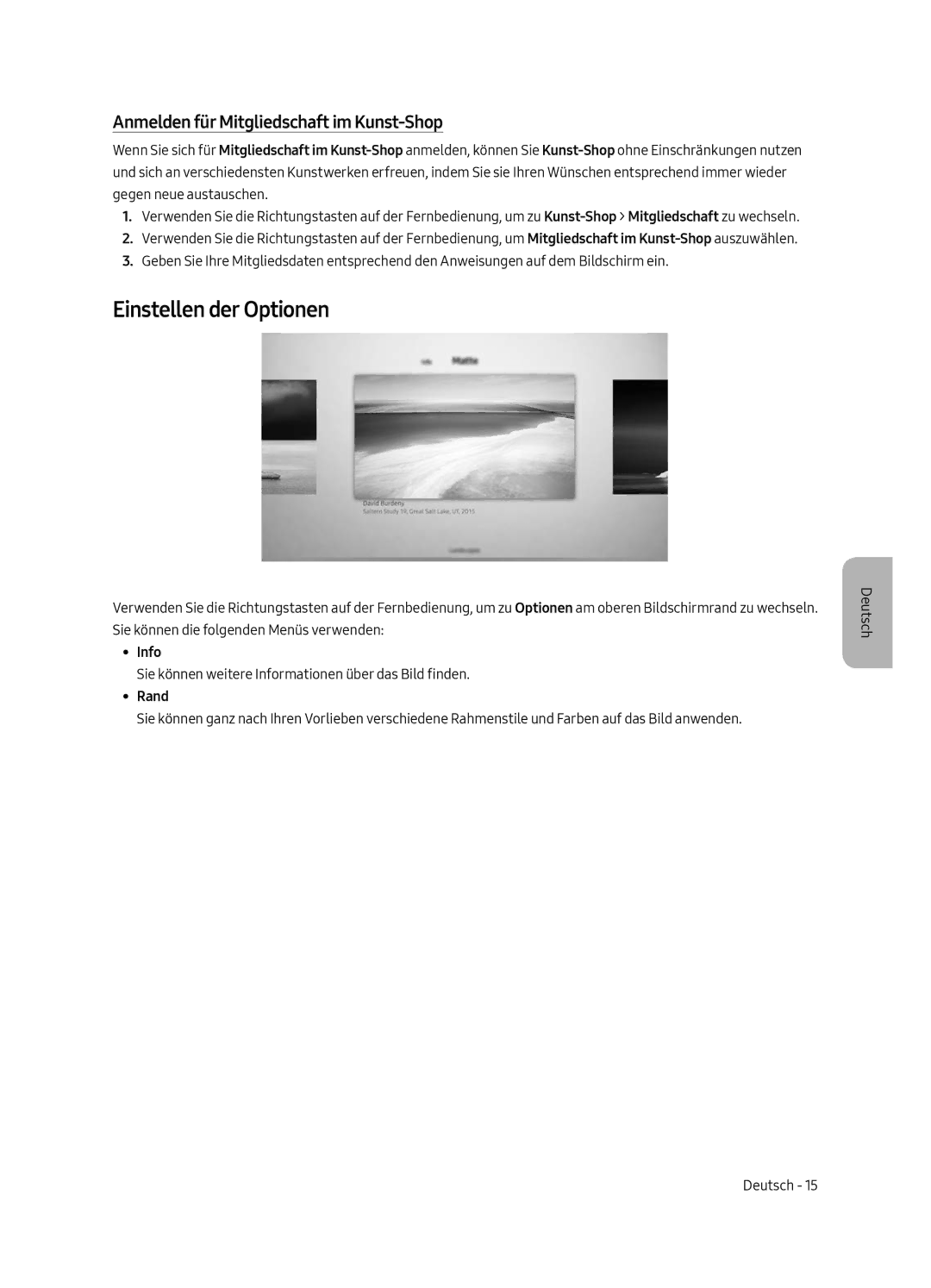 Samsung UE65LS003AUXSQ, UE65LS003AUXZG manual Einstellen der Optionen, Anmelden für Mitgliedschaft im Kunst-Shop, Rand 