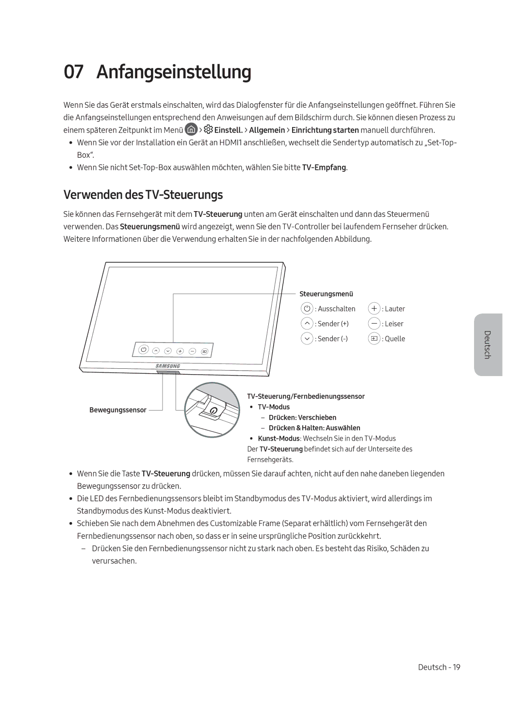 Samsung UE55LS003AUXXH, UE65LS003AUXZG, UE55LS003AUXZG, UE55LS003AUXXC manual Anfangseinstellung, Verwenden des TV-Steuerungs 