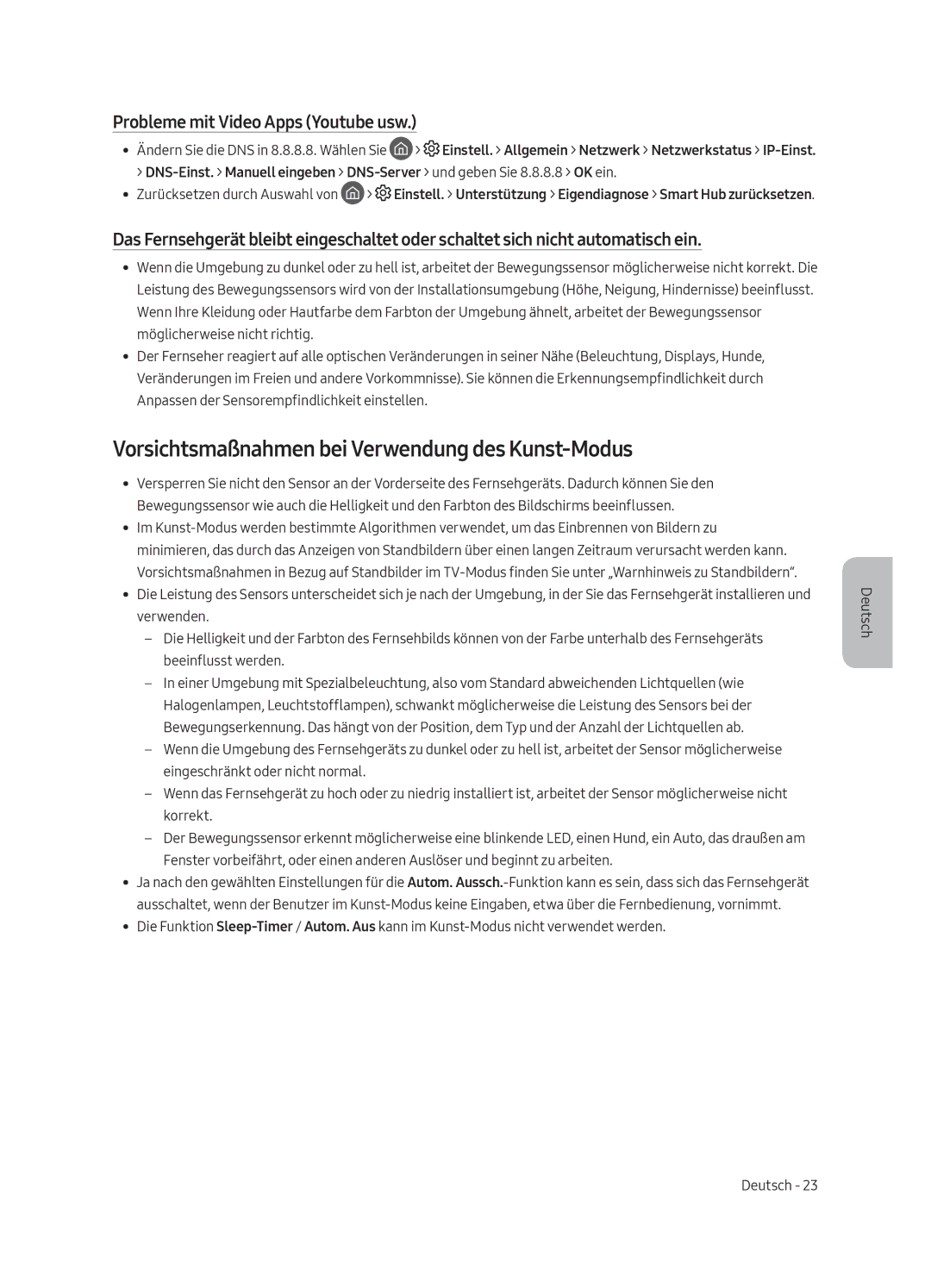 Samsung UE65LS003AUXXC manual Vorsichtsmaßnahmen bei Verwendung des Kunst-Modus, Probleme mit Video Apps Youtube usw 