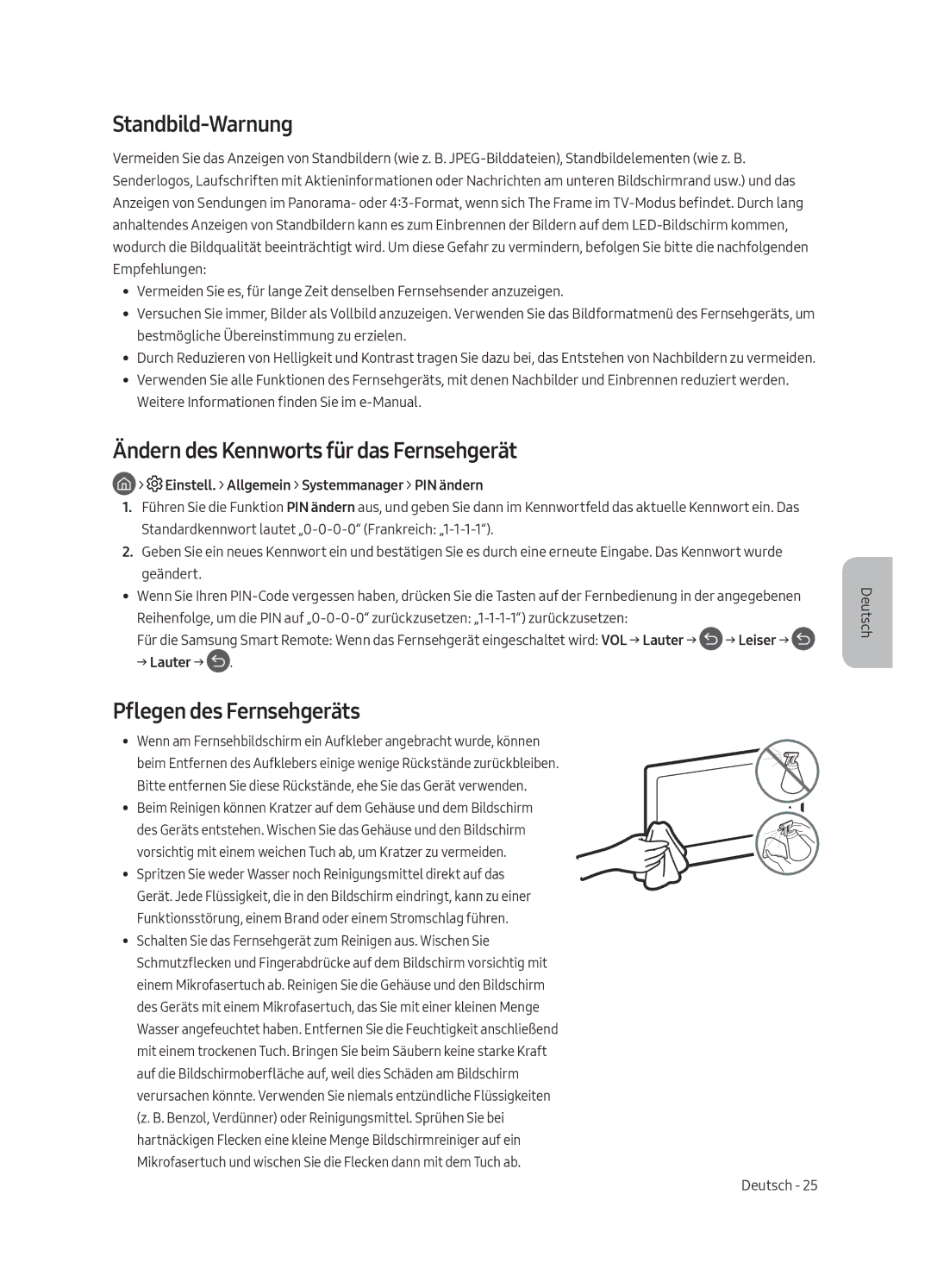 Samsung UE55LS003AUXZT Standbild-Warnung, Ändern des Kennworts für das Fernsehgerät, Pflegen des Fernsehgeräts, → Lauter → 