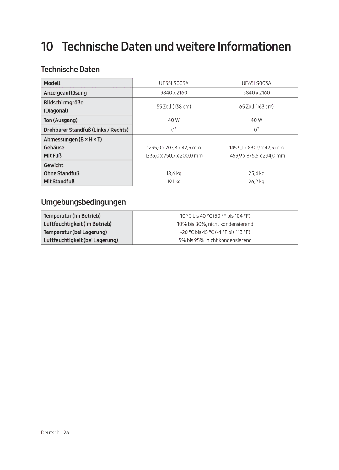 Samsung UE55LS003AUXSQ, UE65LS003AUXZG, UE55LS003AUXZG, UE55LS003AUXXC, UE65LS003AUXXC Technische Daten, Umgebungsbedingungen 