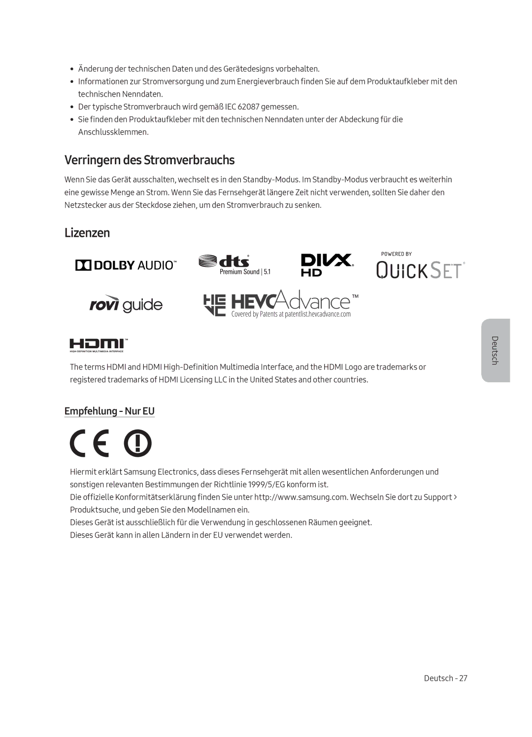 Samsung UE65LS003AUXSQ, UE65LS003AUXZG, UE55LS003AUXZG manual Verringern des Stromverbrauchs, Lizenzen, Empfehlung Nur EU 