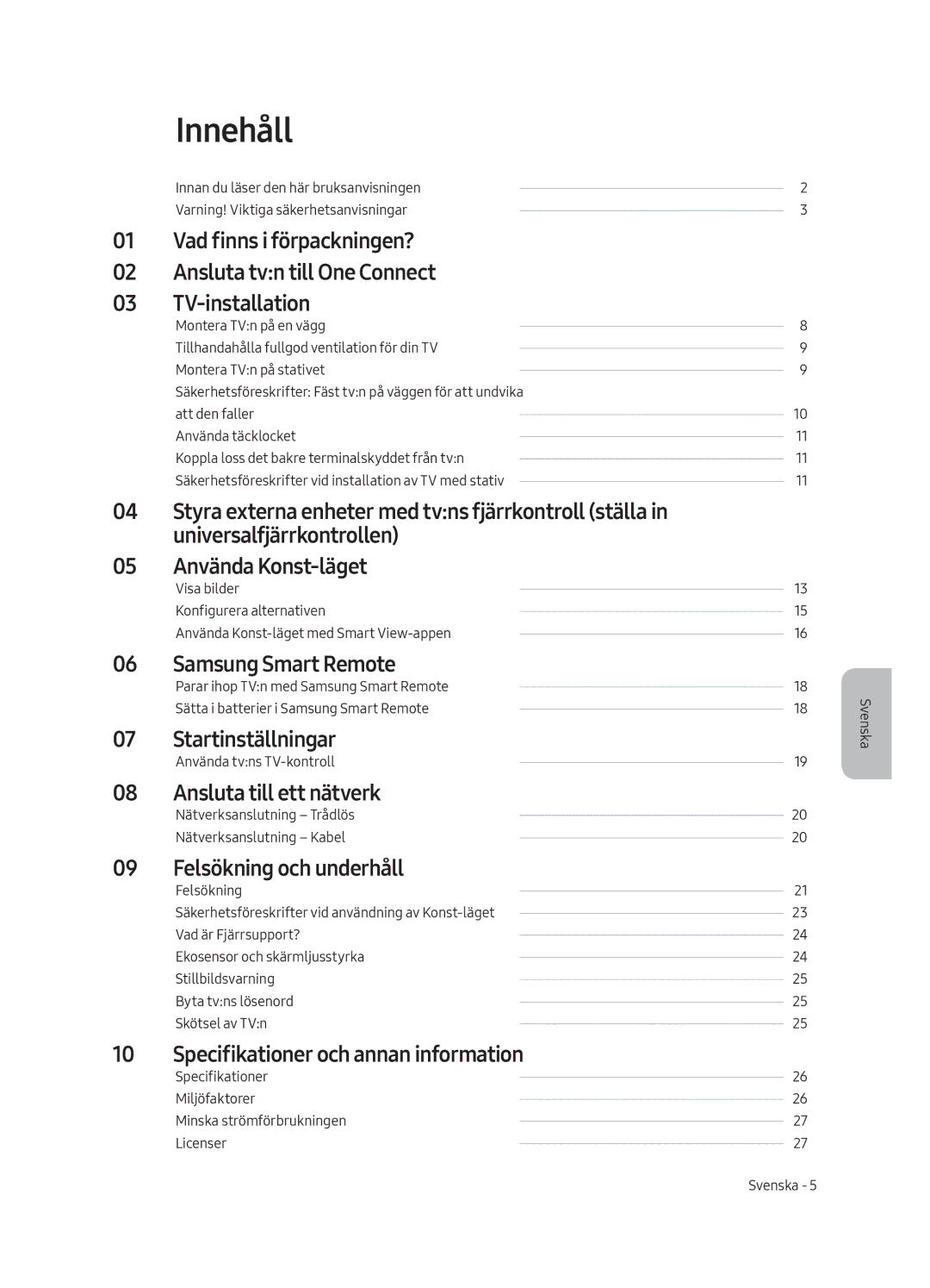 Samsung UE55LS003AUXZG, UE65LS003AUXZG Innehåll, Startinställningar, Ansluta till ett nätverk, Felsökning och underhåll 