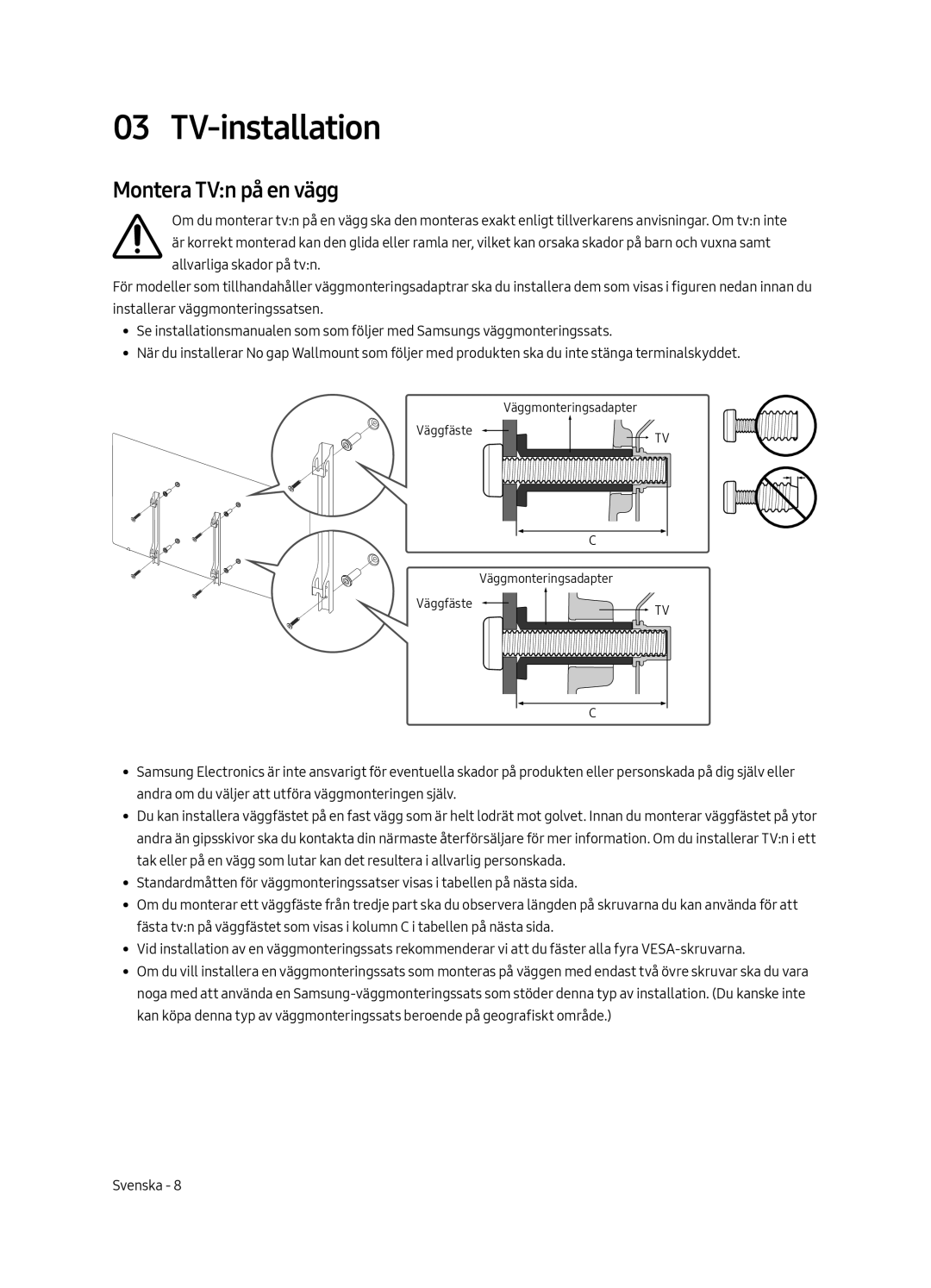 Samsung UE65LS003AUXZT, UE65LS003AUXZG, UE55LS003AUXZG, UE55LS003AUXXC manual TV-installation, Montera TVn på en vägg 