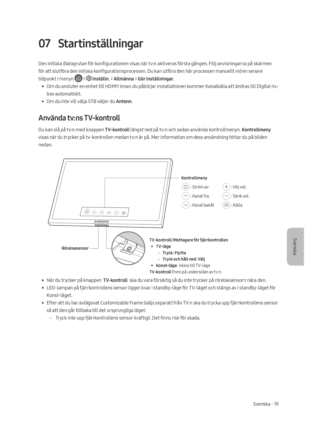 Samsung UE65LS003AUXXC, UE65LS003AUXZG, UE55LS003AUXZG, UE55LS003AUXXC manual Startinställningar, Använda tvns TV-kontroll 