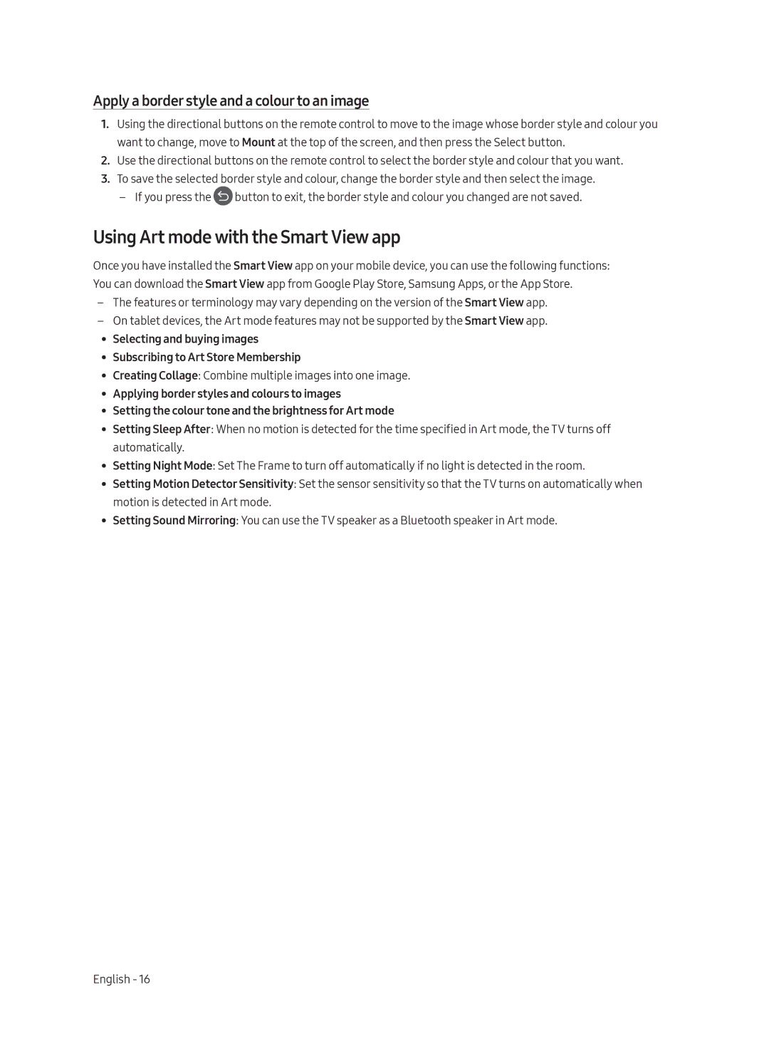 Samsung UE65LS003AUXZT manual Using Art mode with the Smart View app, Apply a border style and a colour to an image 