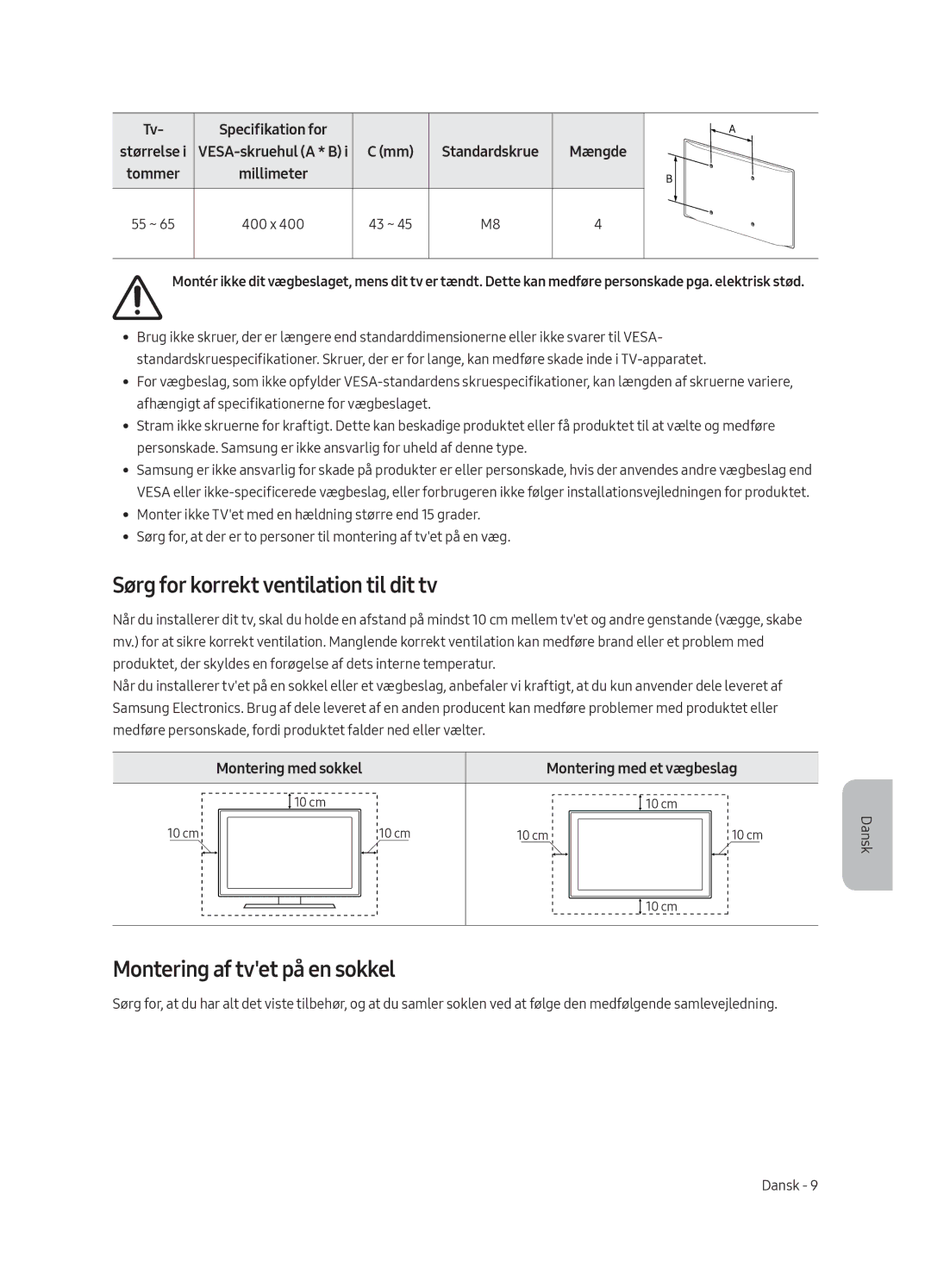 Samsung UE65LS003AUXXH manual Sørg for korrekt ventilation til dit tv, Montering af tvet på en sokkel, Specifikation for 