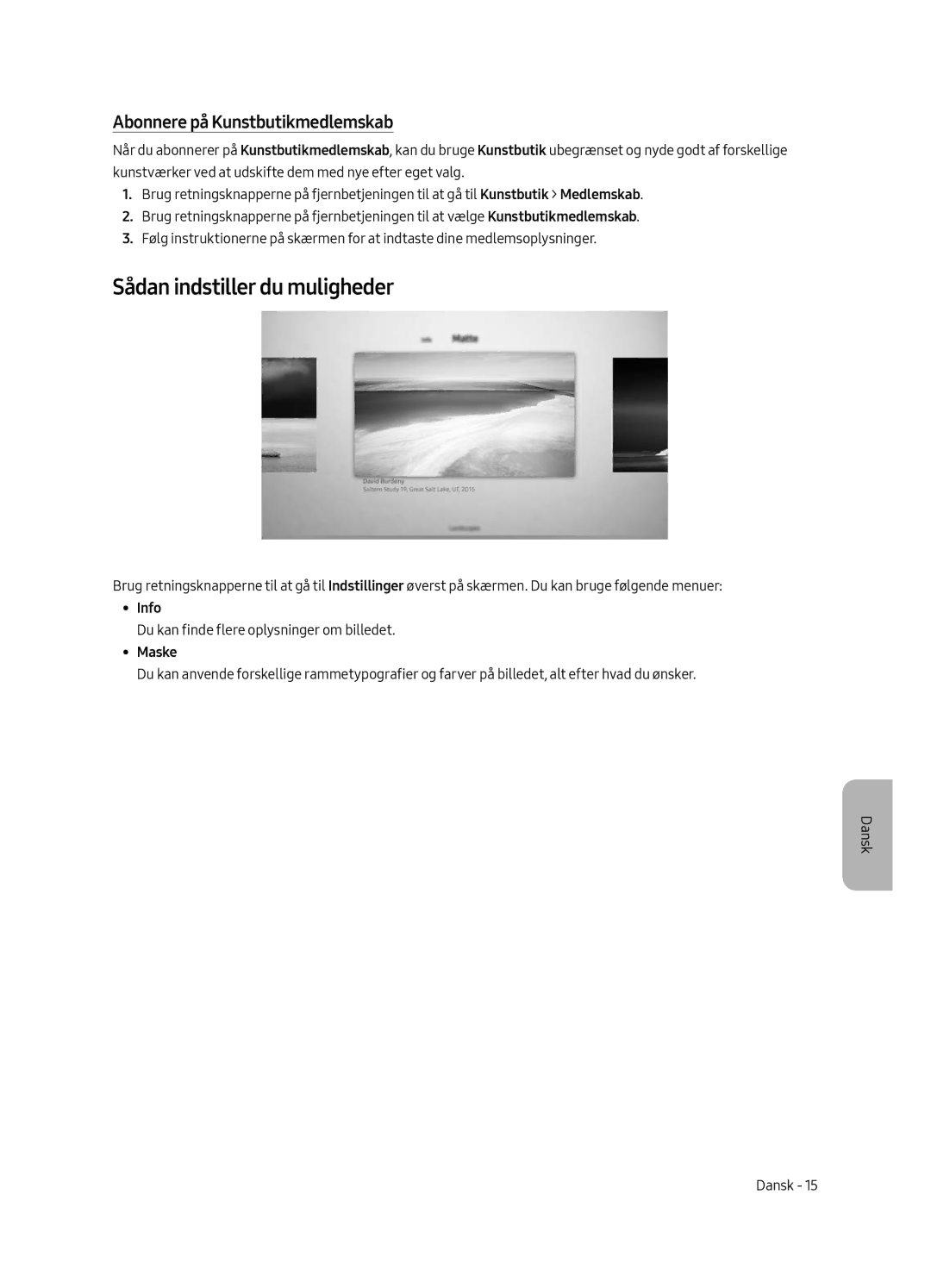 Samsung UE65LS003AUXXC, UE65LS003AUXZG manual Sådan indstiller du muligheder, Abonnere på Kunstbutikmedlemskab, Maske 