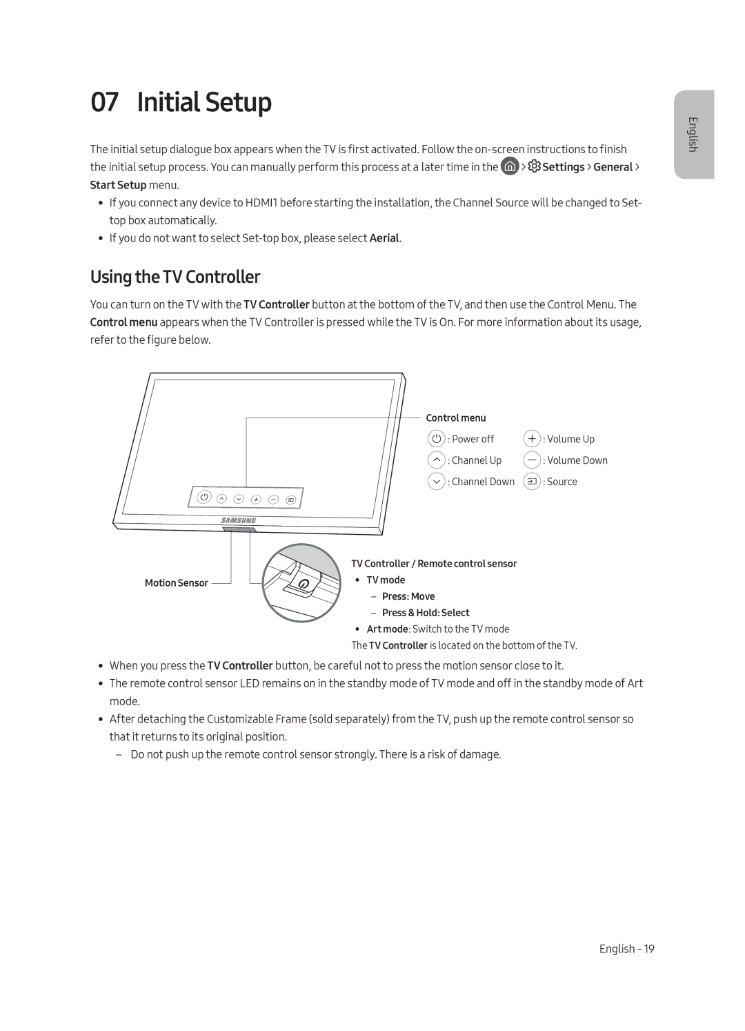 Samsung UE65LS003AUXSQ, UE65LS003AUXZG, UE55LS003AUXZG, UE55LS003AUXXC, UE65LS003AUXXC Initial Setup, Using the TV Controller 